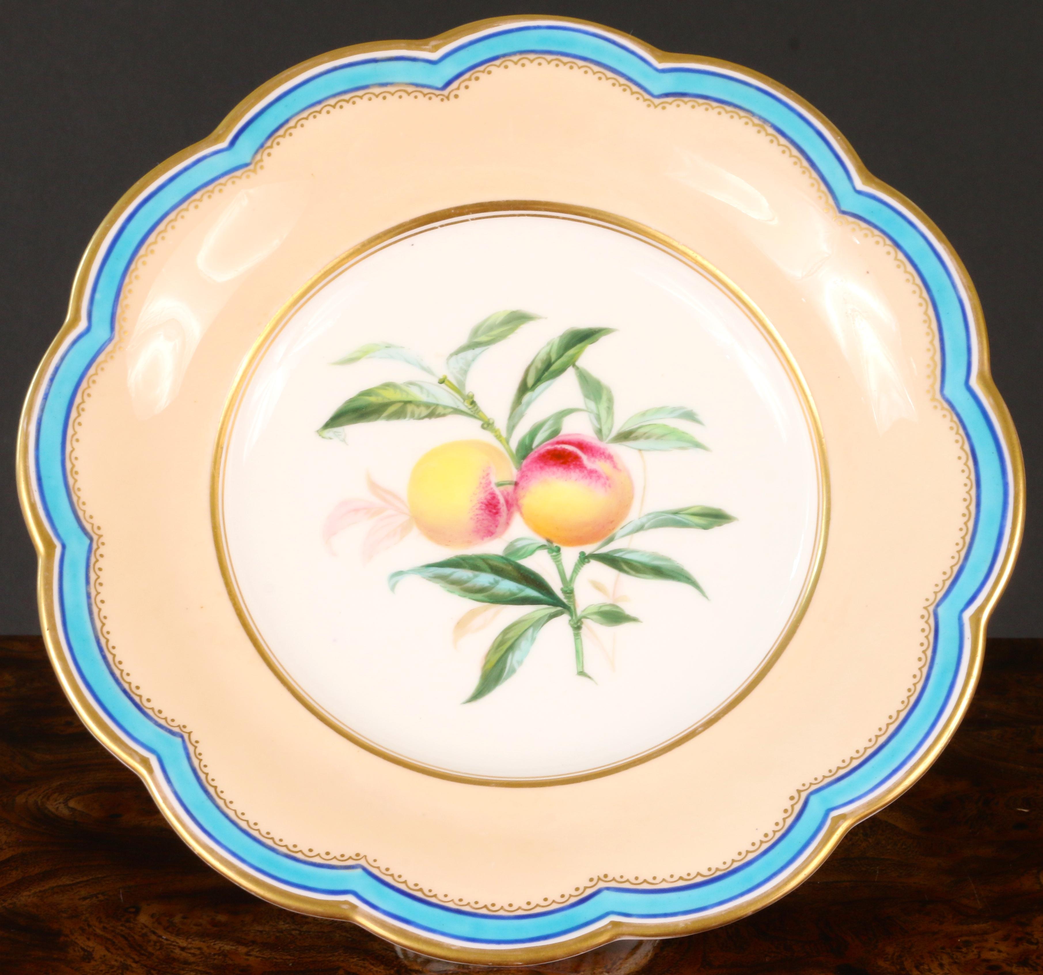 Beautiful hand-painted dessert service from the prestigious Davenport firm of Longport, Staffaordshire, England. The set consists of 5 compotes and 12 plates and features buff and turquoise color ground with lovely hand-painted fruit. Each plate or