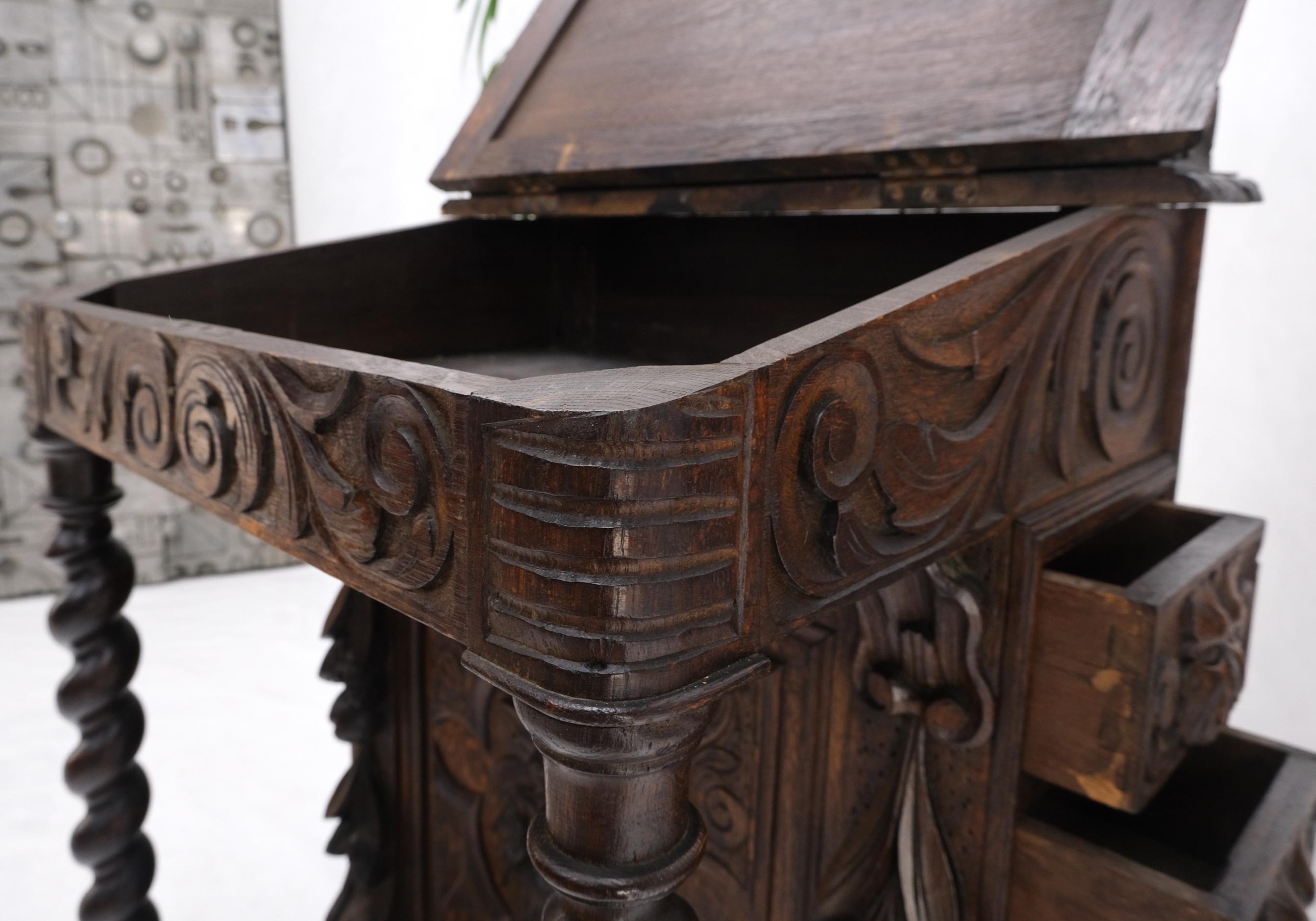 19th Century Davenport Heavily Carved Oak Desk w/ Rope Twist Supports 4 Drawers For Sale 4
