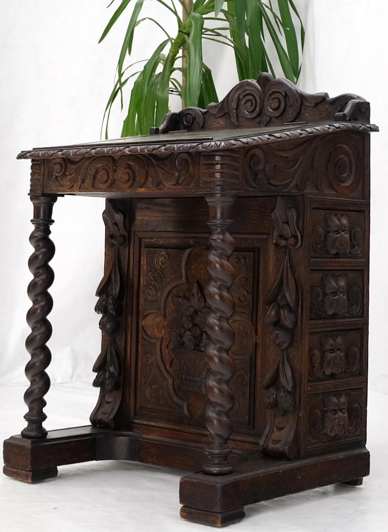 Jacobean 19th Century Davenport Heavily Carved Oak Desk w/ Rope Twist Supports 4 Drawers For Sale
