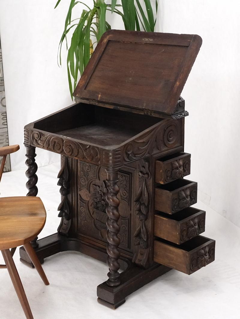 19th Century Davenport Heavily Carved Oak Desk w/ Rope Twist Supports 4 Drawers For Sale 2