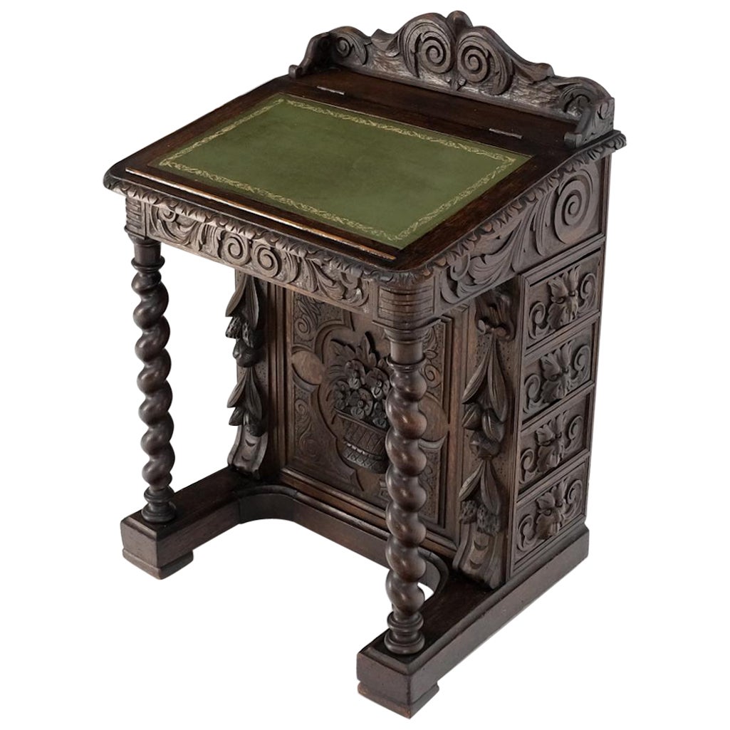 19th Century Davenport Heavily Carved Oak Desk w/ Rope Twist Supports 4 Drawers
