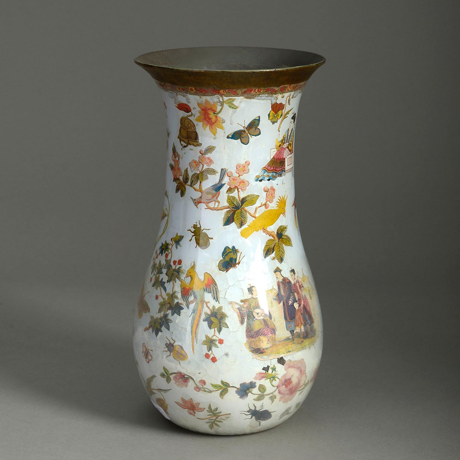 A 19th century Decalcomania vase, with trumpet neck, decorated throughout with hand-coloured chinoiseries upon a stone white ground.