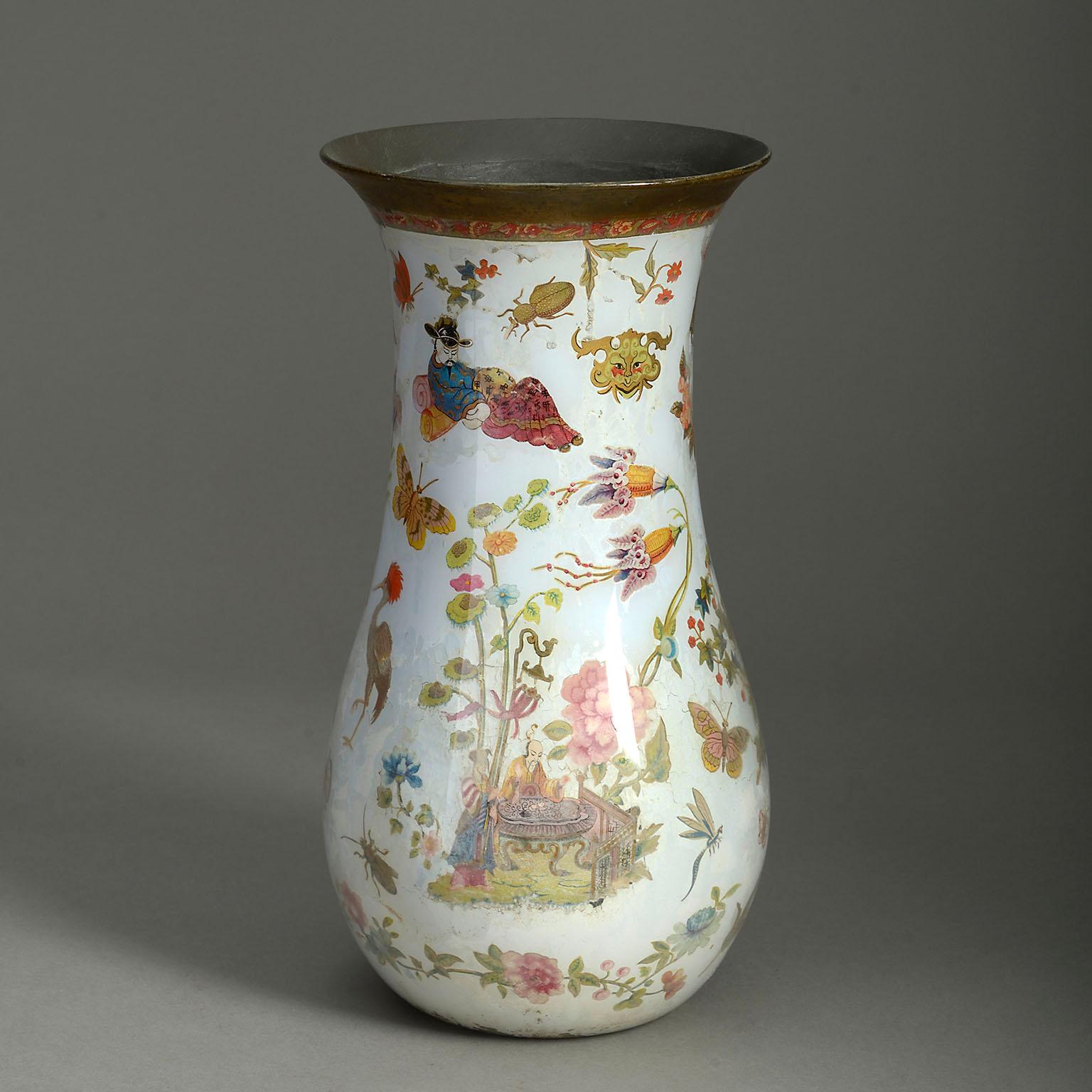 Hand-Painted 19th Century Decalcomania Glass Vase