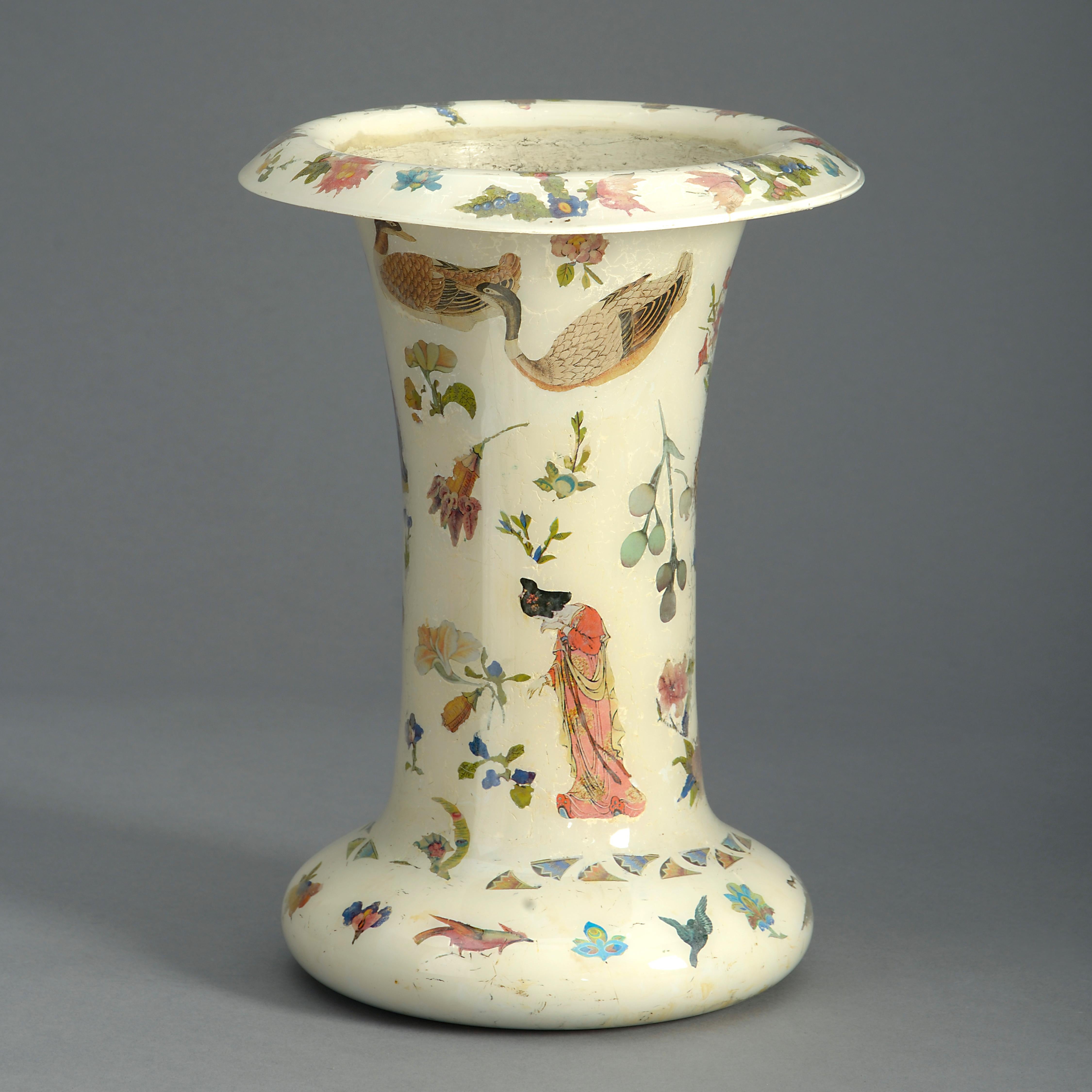 Chinoiserie 19th Century Decalcomania Trumpet Vase For Sale