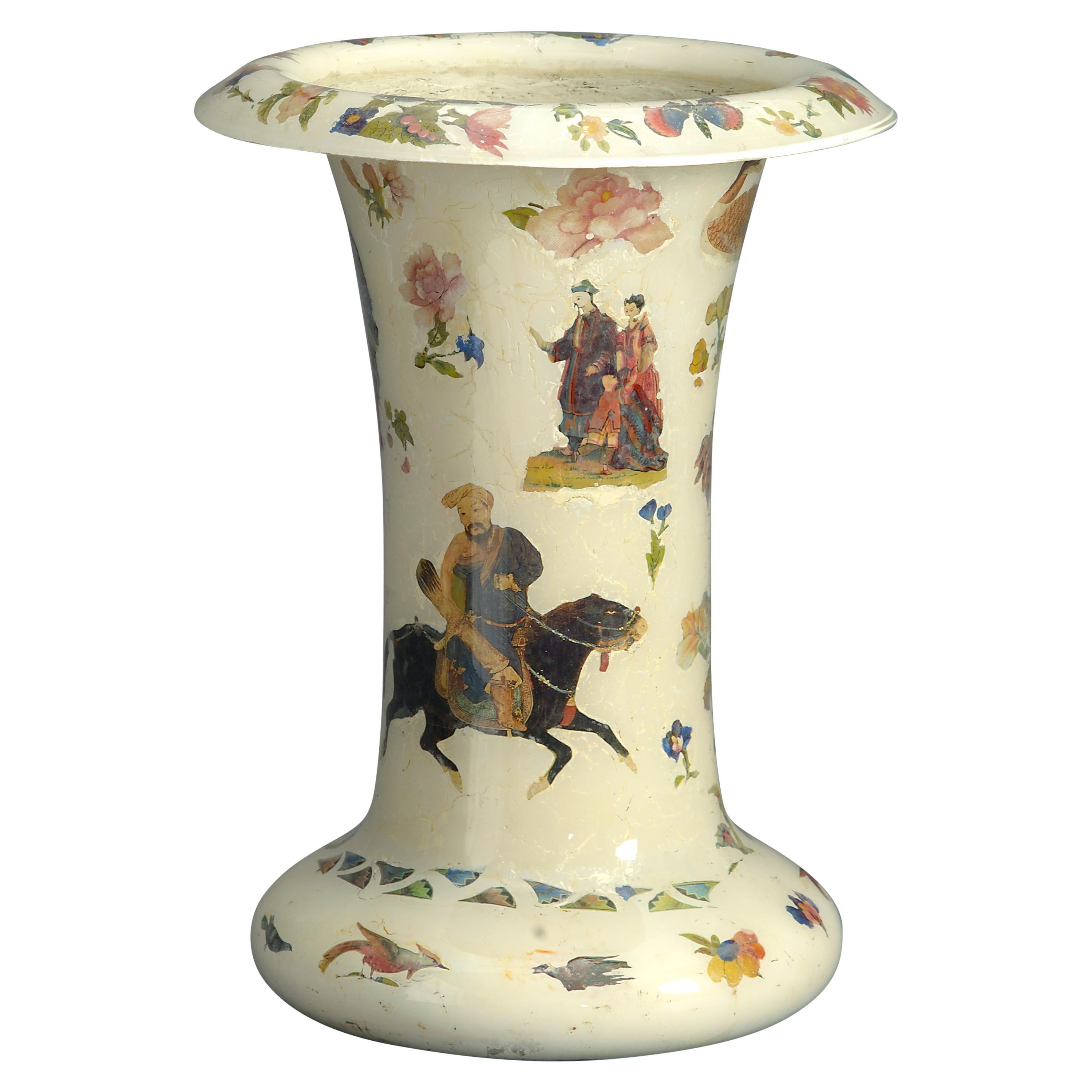 19th Century Decalcomania Trumpet Vase For Sale