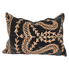 19th Century Decorated Silk Velvet Pillow with Metal Applique Trim