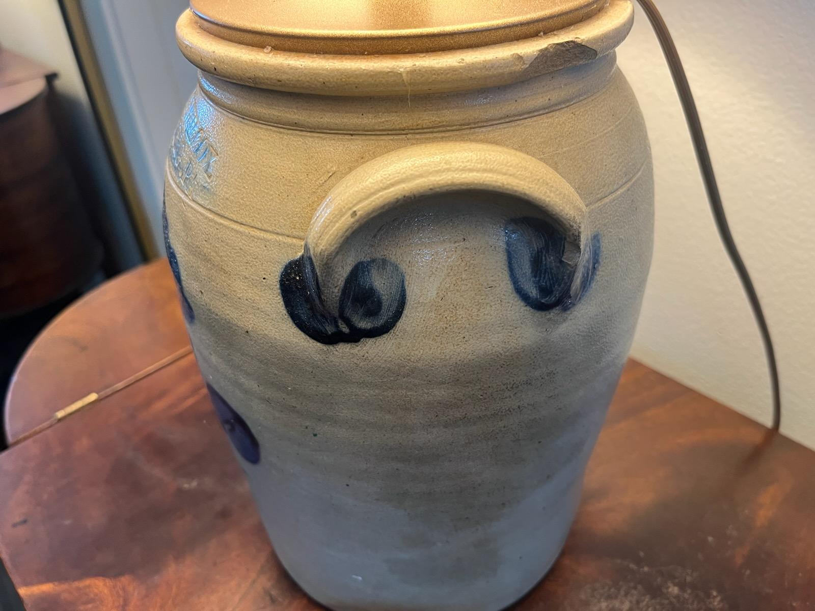 19th Century Decorated Stoneware Crock Lamp For Sale 1
