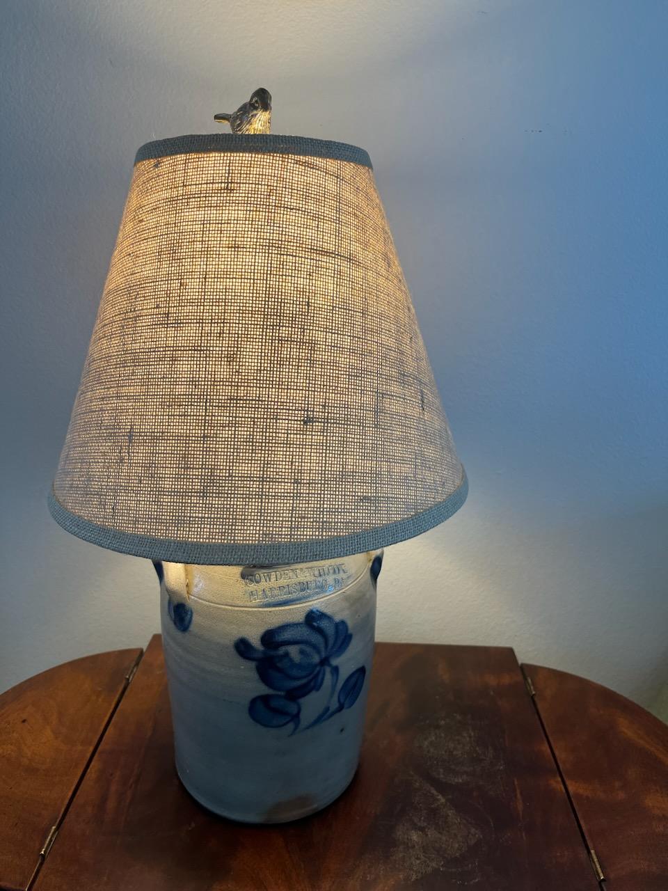 Hand-Crafted 19th Century Decorated Stoneware Crock Lamp For Sale