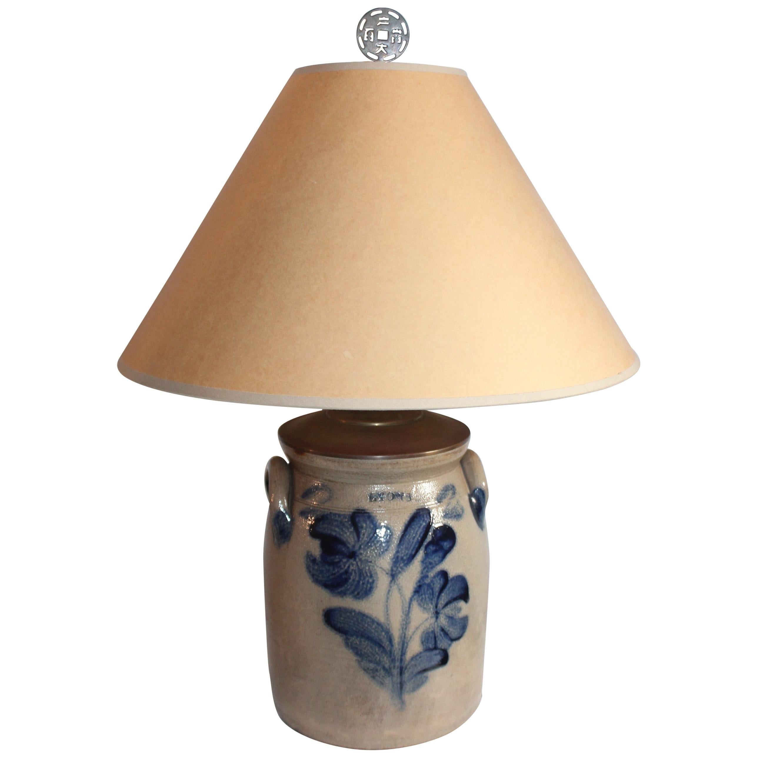 19th Century Decorated Stoneware Crock Lamp For Sale