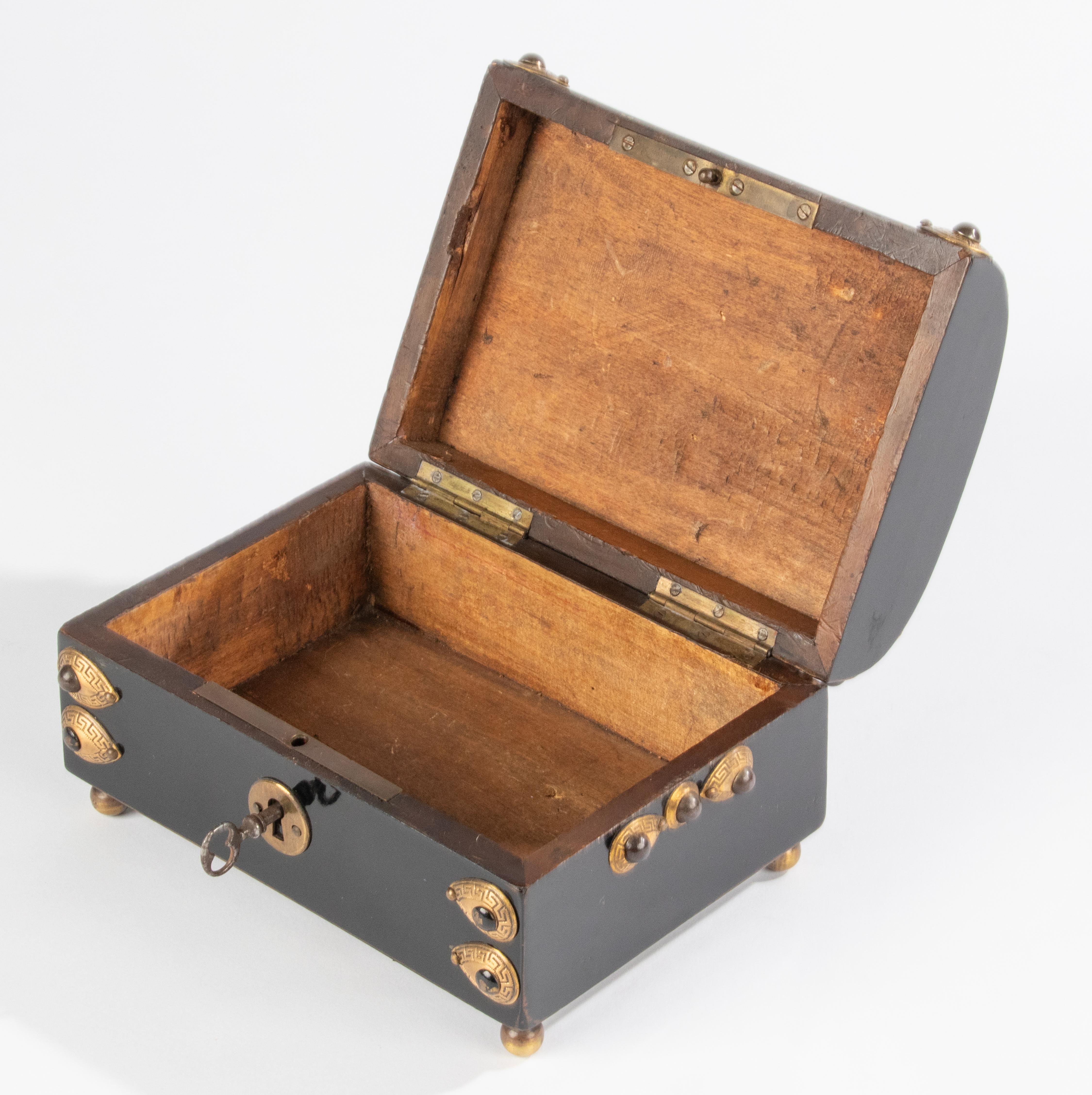 Brass 19th Century Decorative Ebonised Box - Stones and Bronze Mounts - Napoleon III For Sale