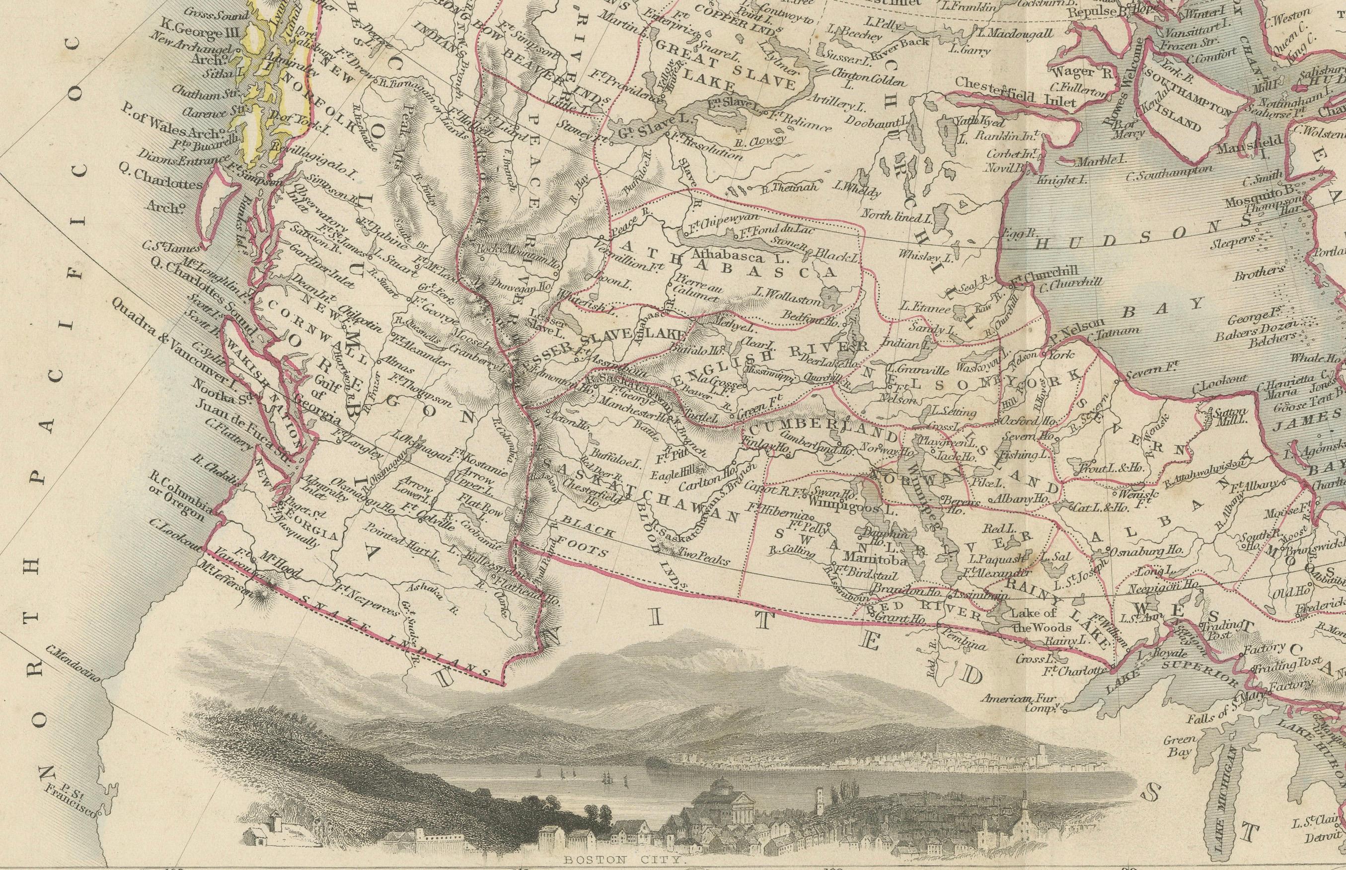 Gravé Carte décorative du XIXe siècle de l'Amérique britannique avec vignettes de l'Arctique et du Pacifique en vente
