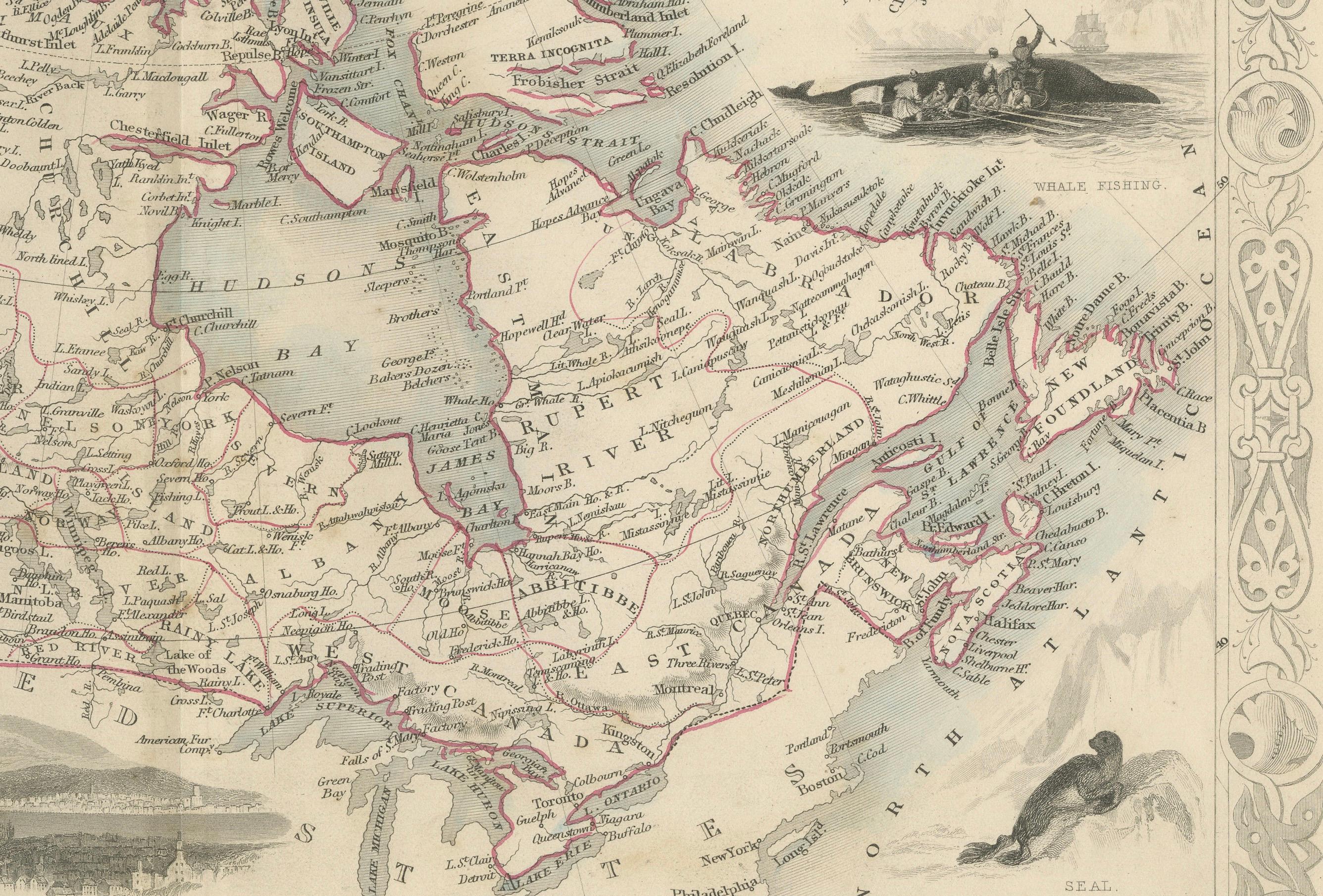 Carte décorative du XIXe siècle de l'Amérique britannique avec vignettes de l'Arctique et du Pacifique Bon état - En vente à Langweer, NL