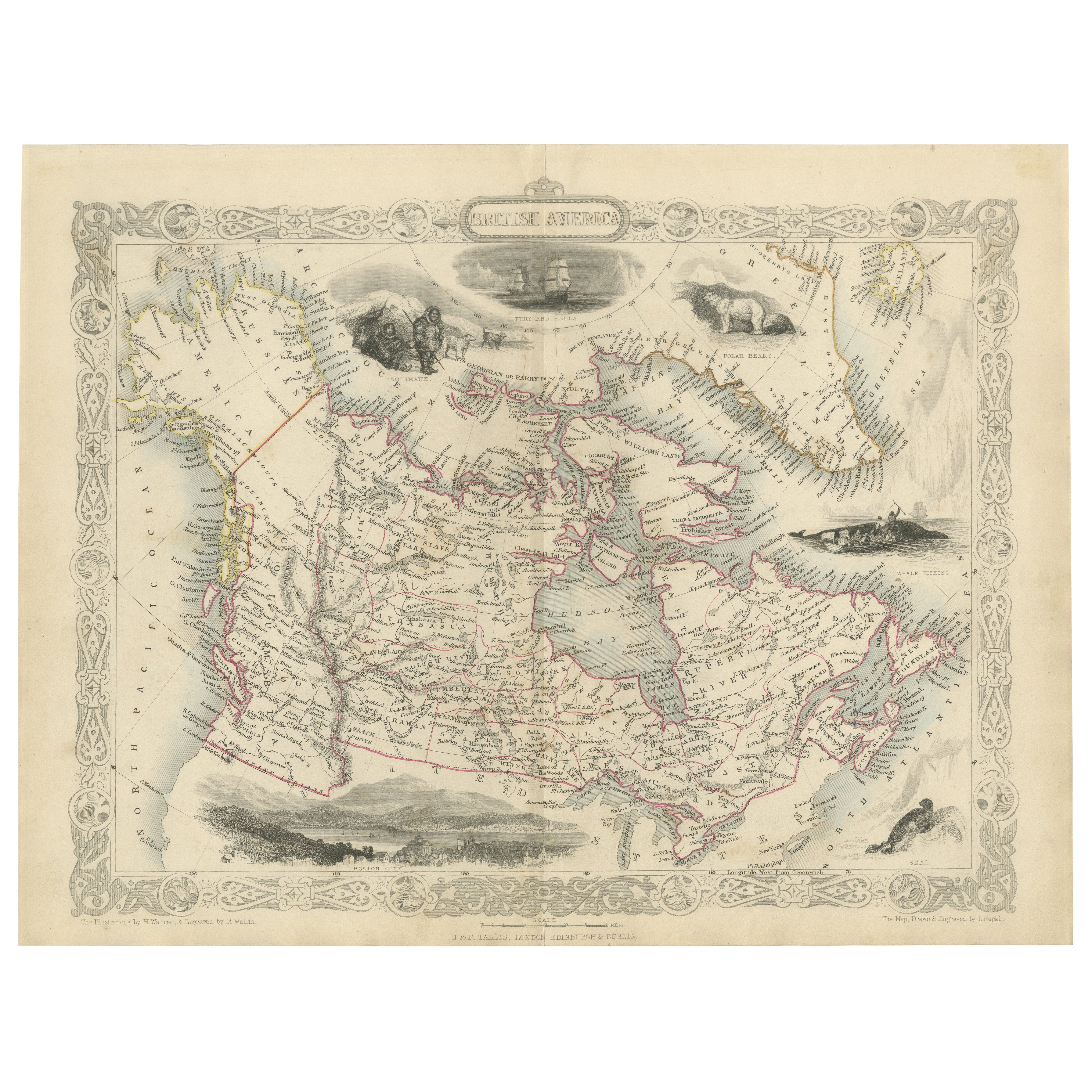 Carte décorative du XIXe siècle de l'Amérique britannique avec vignettes de l'Arctique et du Pacifique