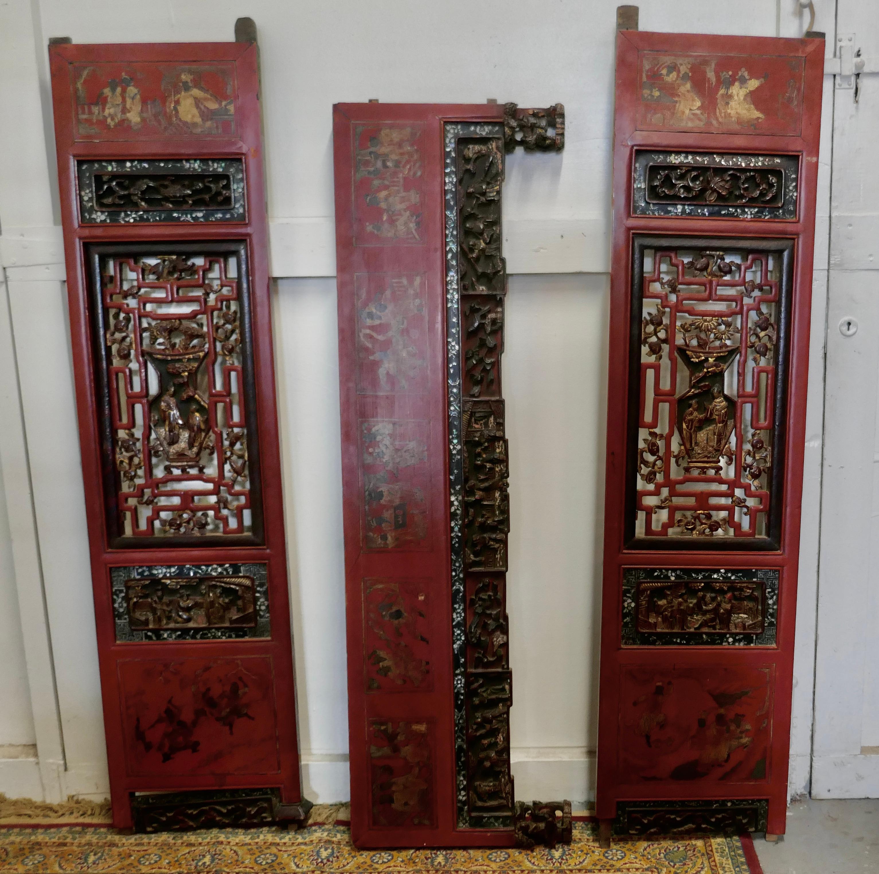 19th Century Decorative Painted Red Lacquer Opium Bed Panels 7