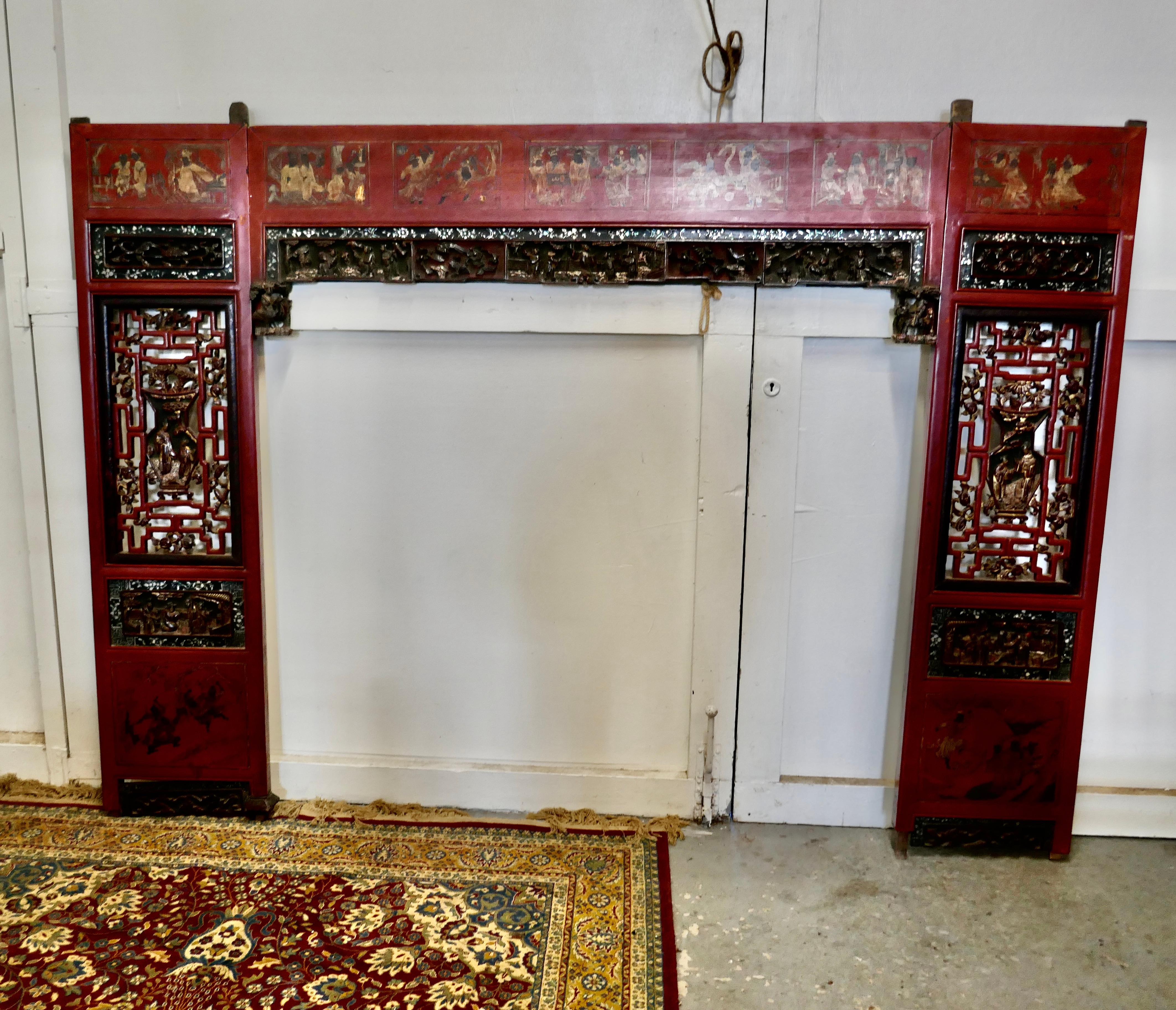 19th century decorative painted red lacquer opium bed panels 

This is a very attractive trio of mid 19th century painted panels, they have come from a piece of Chinese furniture known as an Opium Bed 
The panels are in Red Lacquer, they have