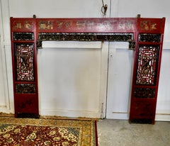 19th Century Decorative Painted Red Lacquer Opium Bed Panels