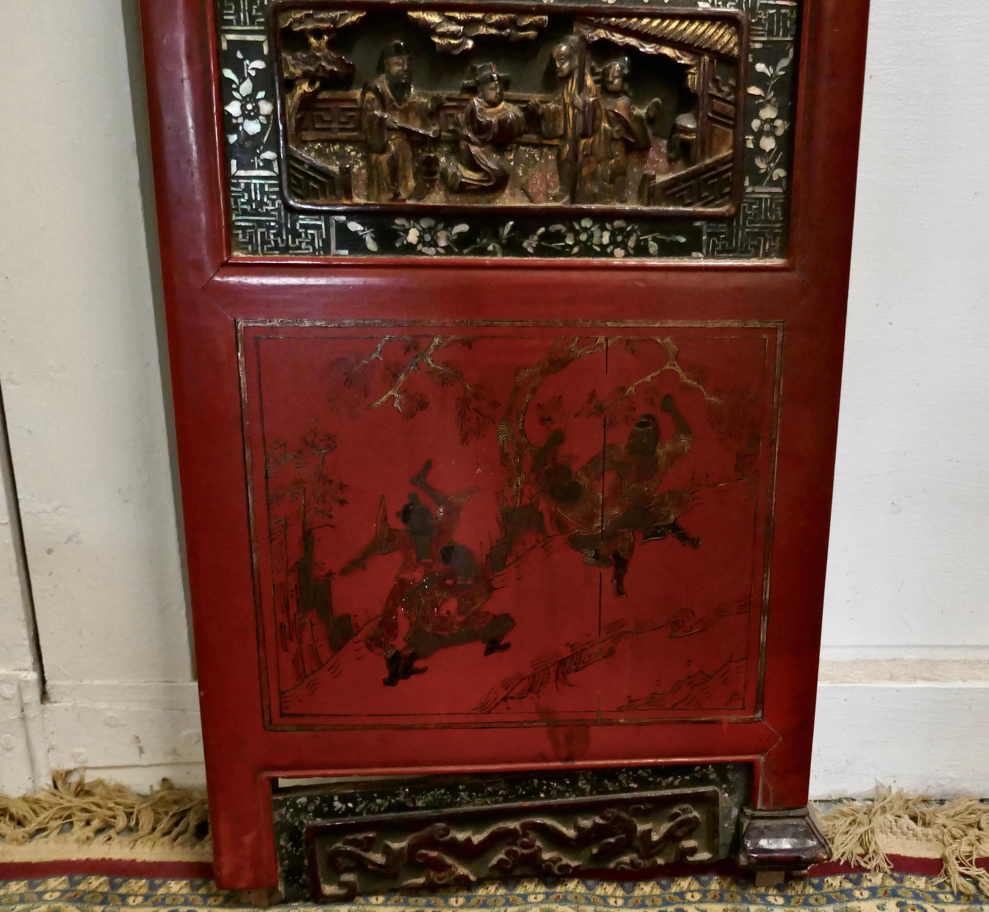 19th Century Decorative Painted Red Lacquer Opium Bed Panels 1