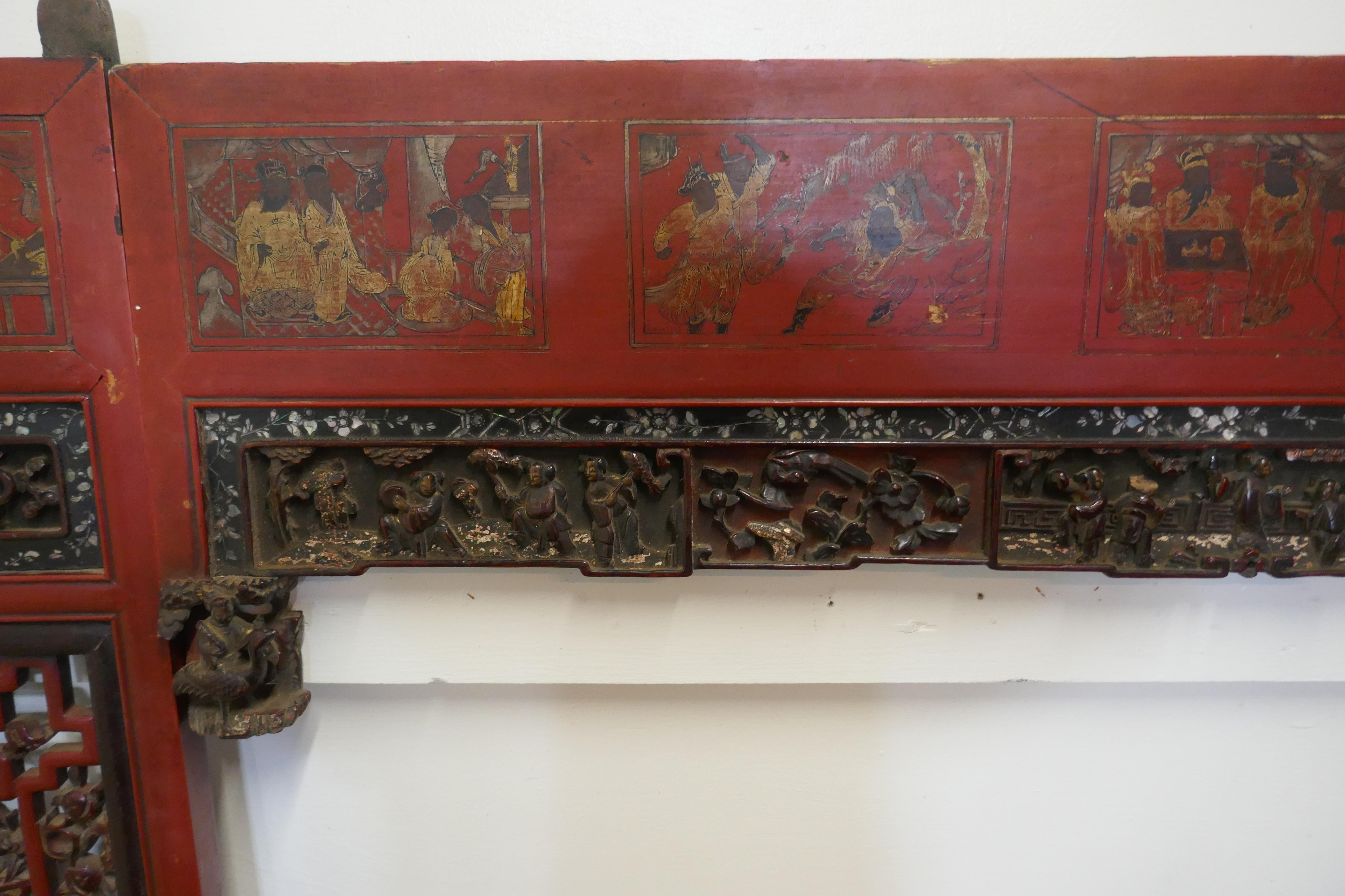 19th Century Decorative Painted Red Lacquer Opium Bed Panels 2