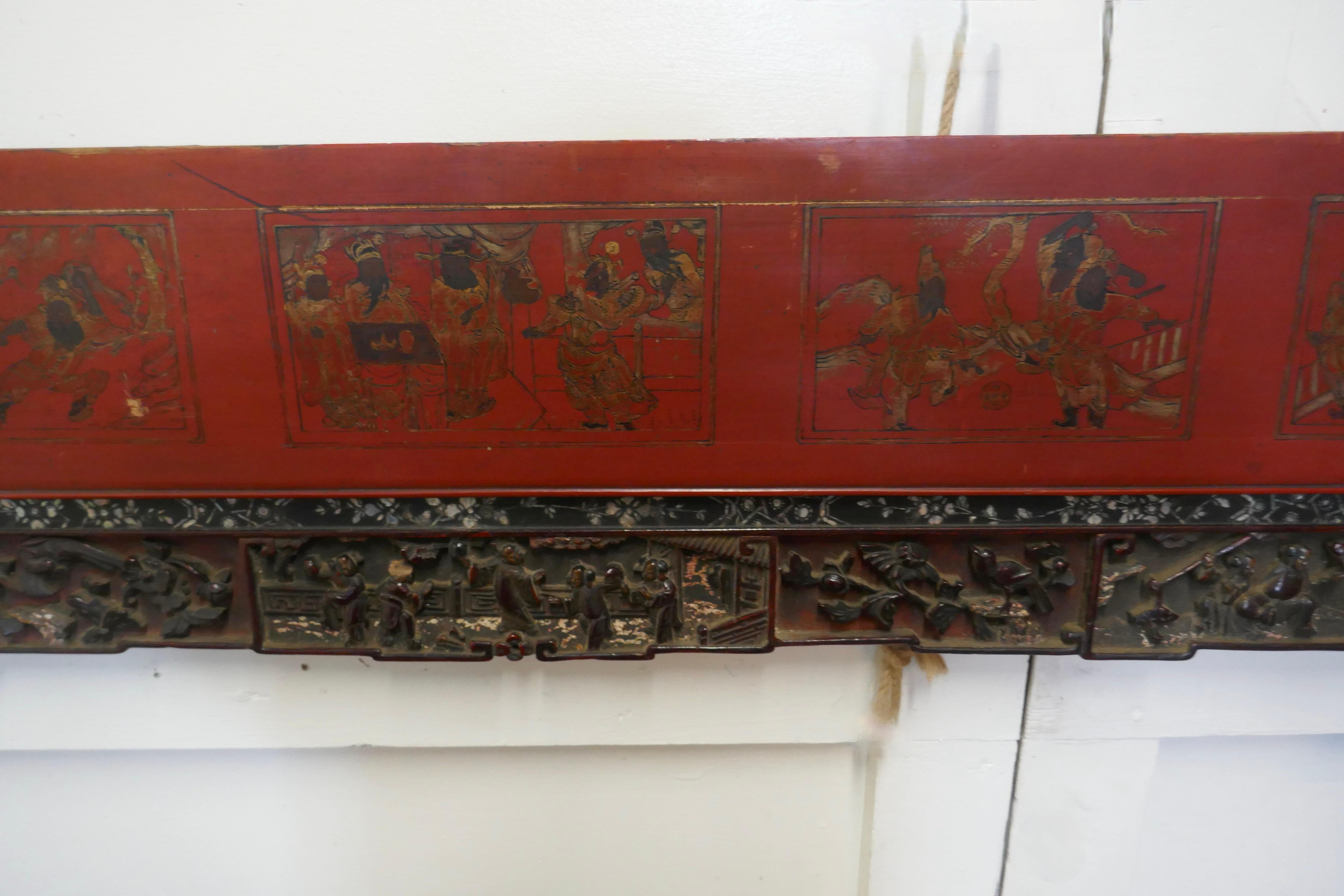 19th Century Decorative Painted Red Lacquer Opium Bed Panels 3