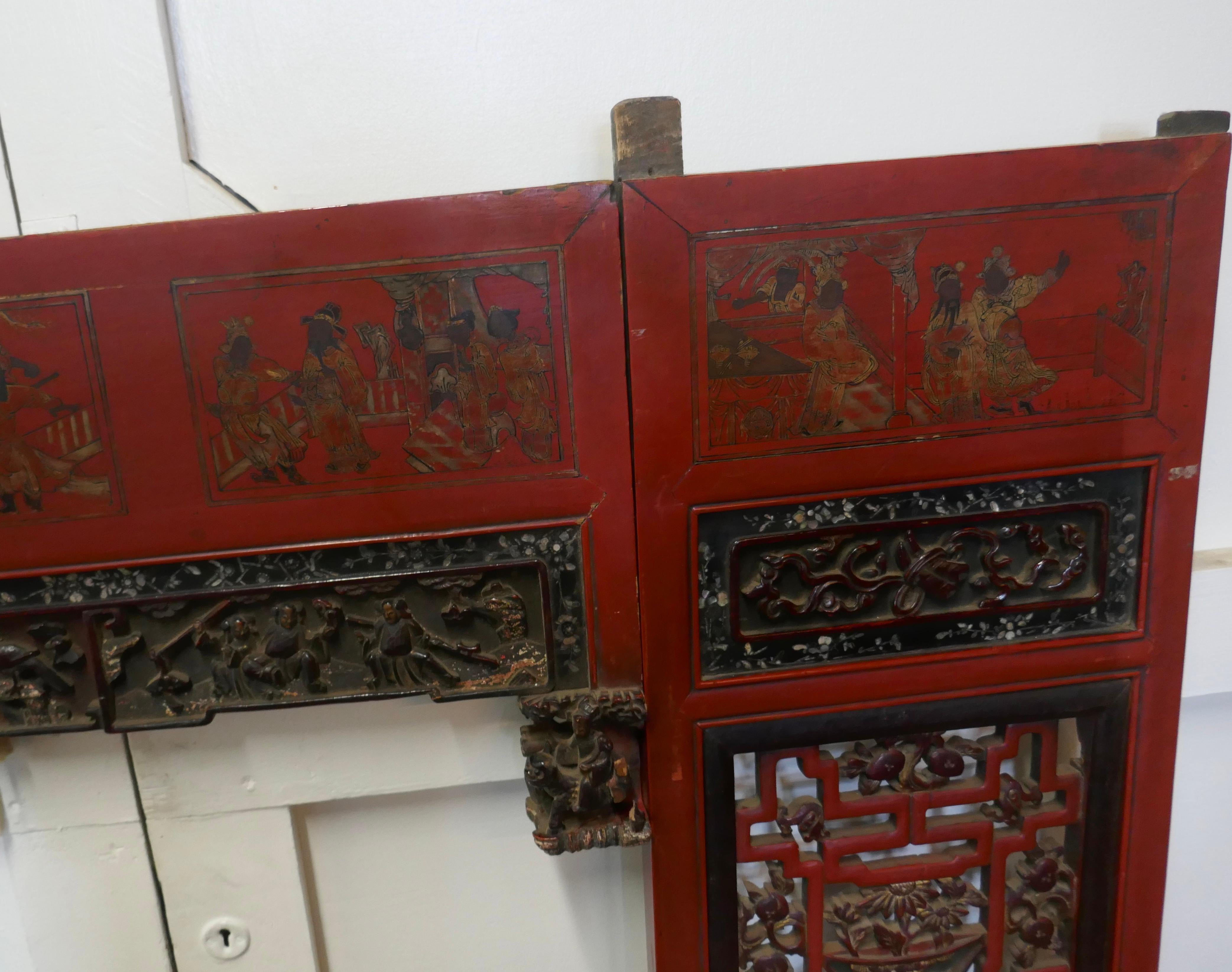 19th Century Decorative Painted Red Lacquer Opium Bed Panels 4