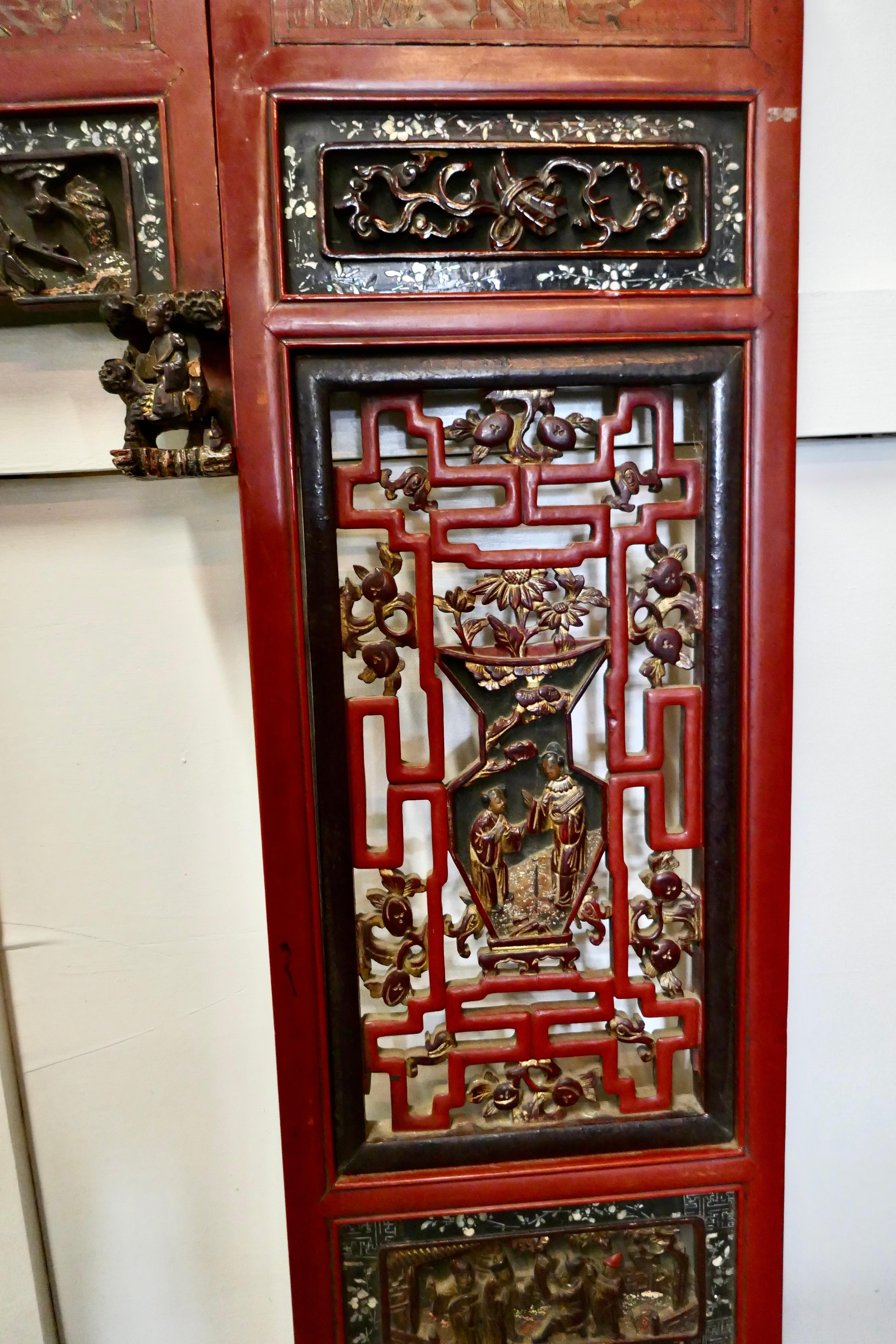 19th Century Decorative Painted Red Lacquer Opium Bed Panels 5