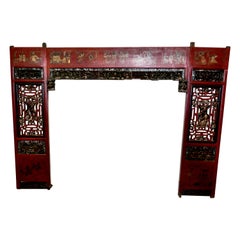 19th Century Decorative Painted Red Lacquer Opium Bed Panels
