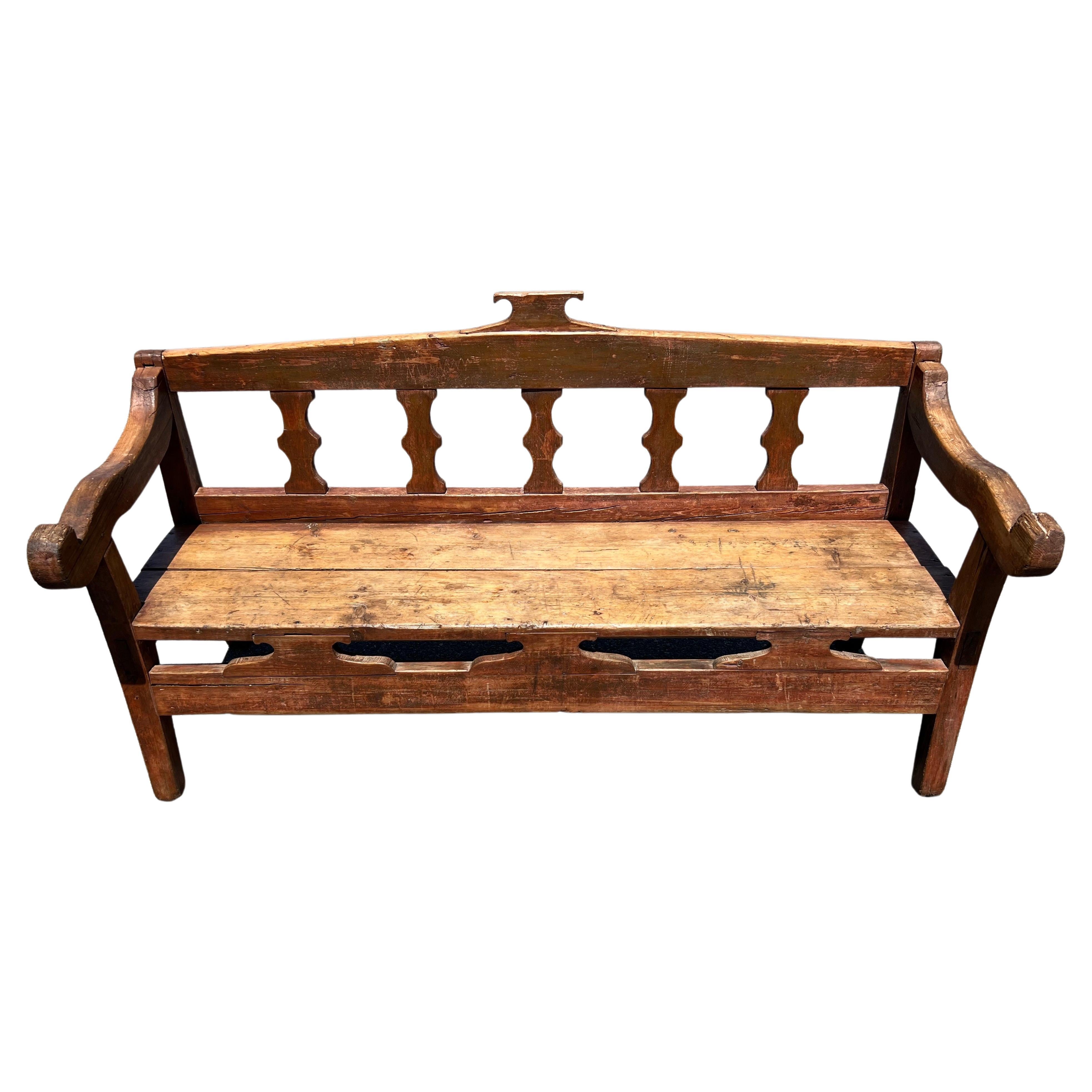 19th Century Decoratively Carved Bench in Original Pink and Red Paint