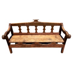 19th Century Decoratively Carved Bench in Original Pink and Red Paint