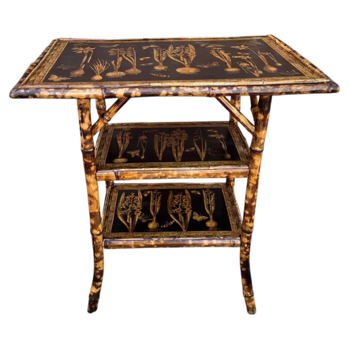 19th Century Decoupaged Faux Bamboo Side Table with Vegetable Design