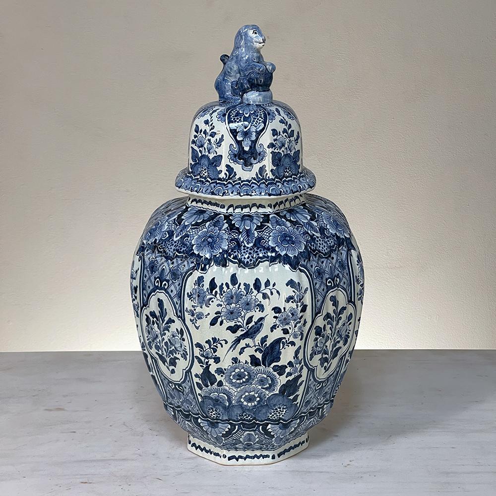 Chinoiserie 19th Century Delft Hand-Painted Blue & White Lidded Urn