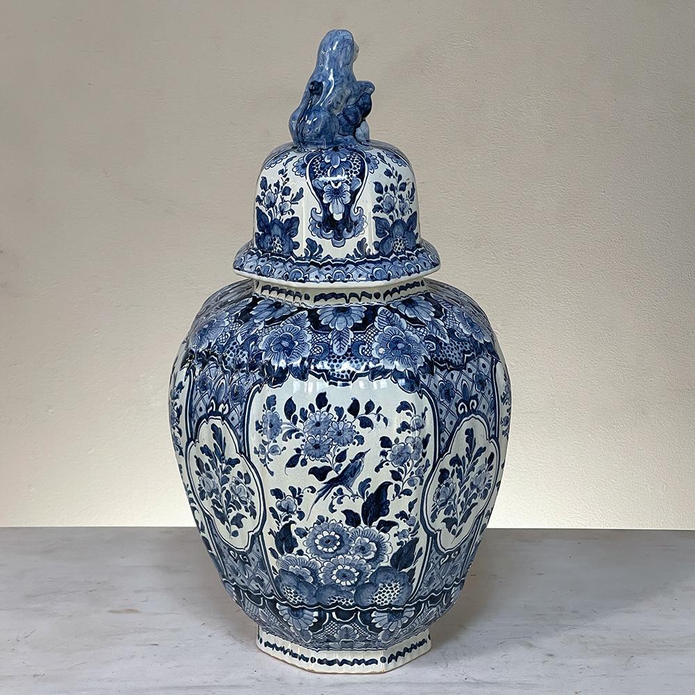 Dutch 19th Century Delft Hand-Painted Blue & White Lidded Urn