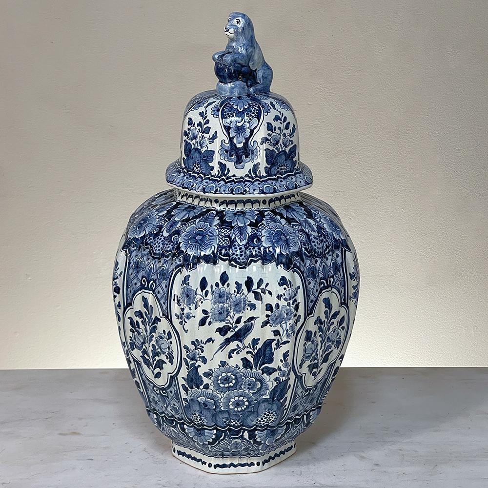 Late 19th Century 19th Century Delft Hand-Painted Blue & White Lidded Urn
