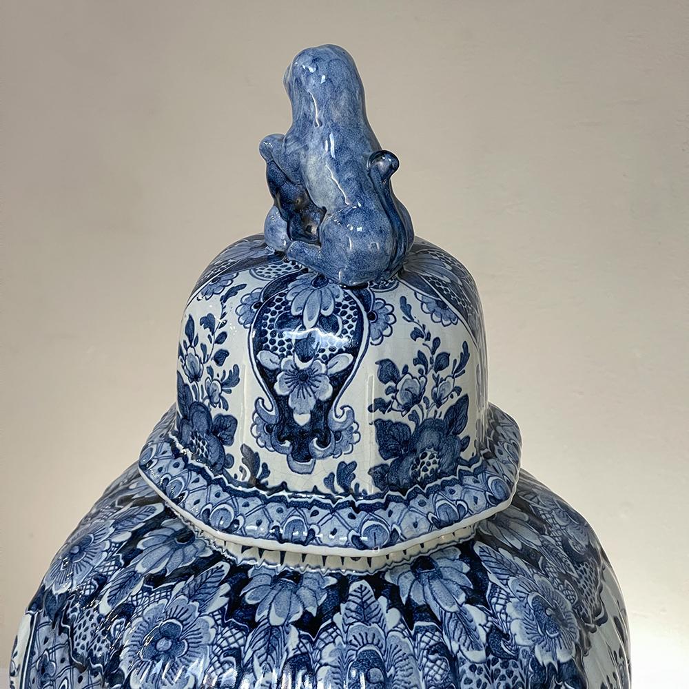 Porcelain 19th Century Delft Hand-Painted Blue & White Lidded Urn