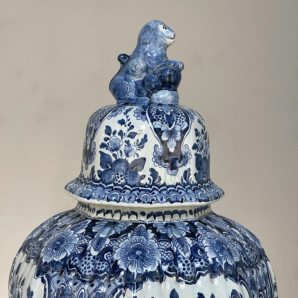 19th Century Delft Hand-Painted Blue & White Lidded Urn 1