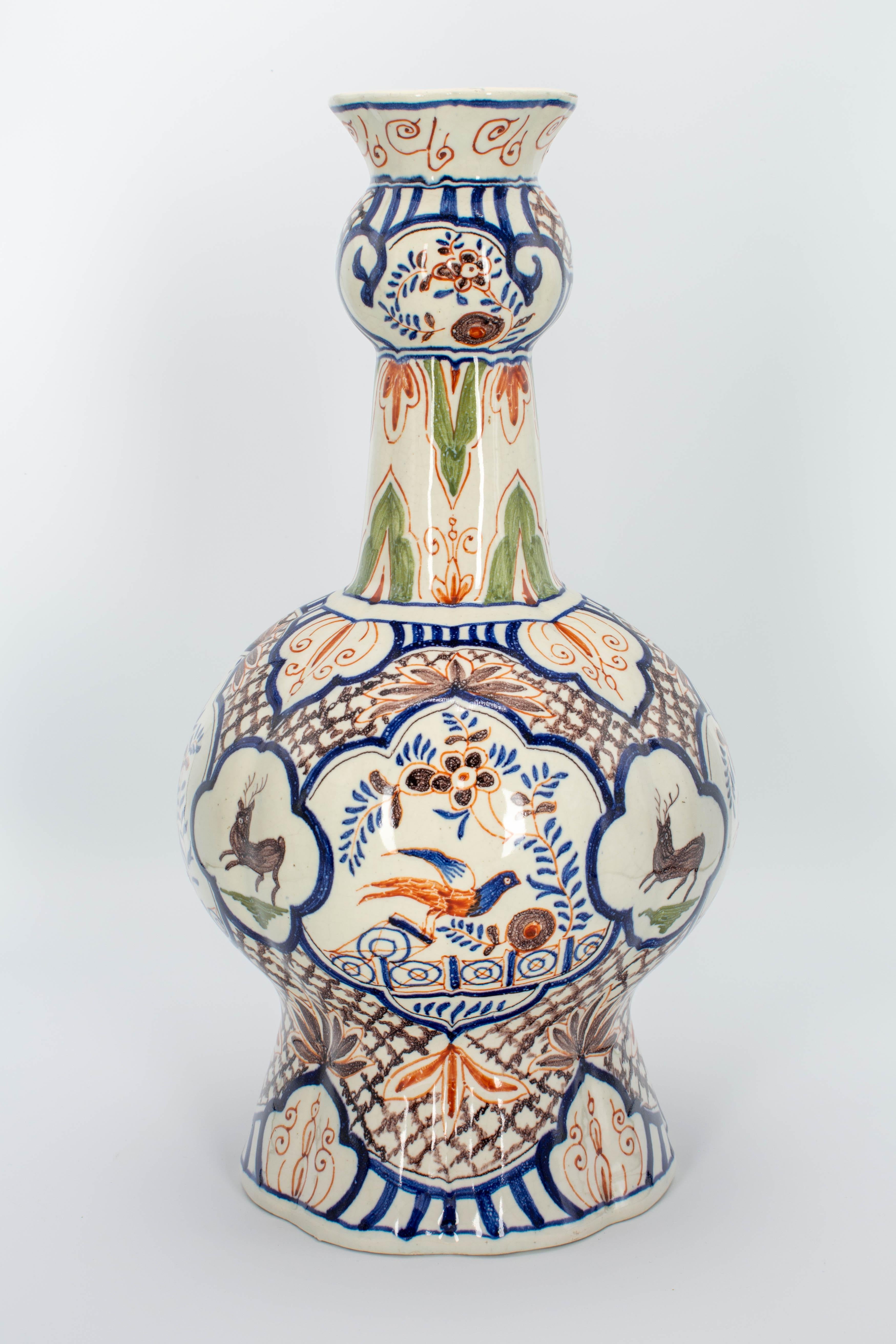 Hand-Painted 19th Century Delft Polychrome Faience Vase For Sale