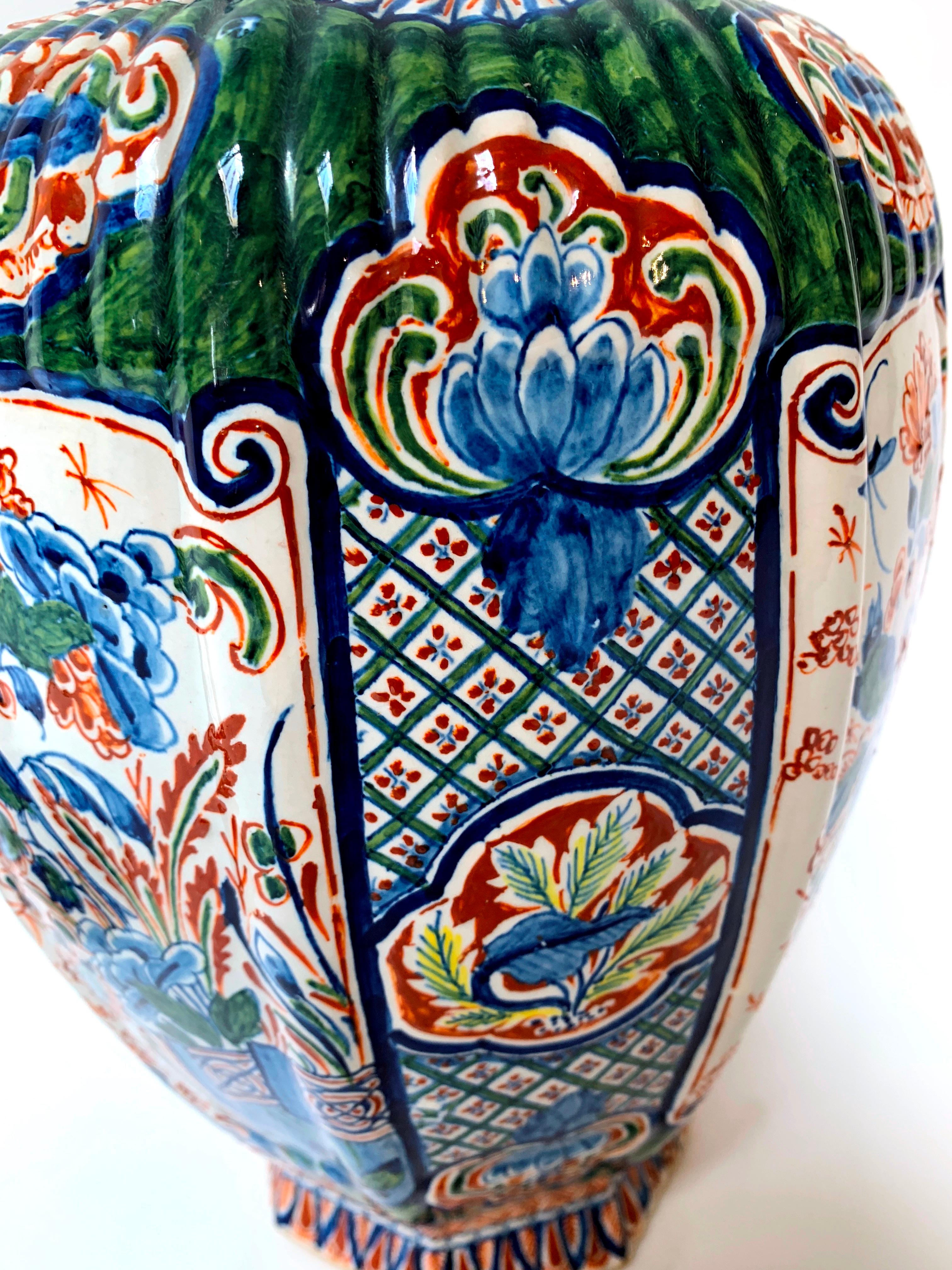 Dutch 19th Century Delftware Polychrome Enameled Vase and Cover