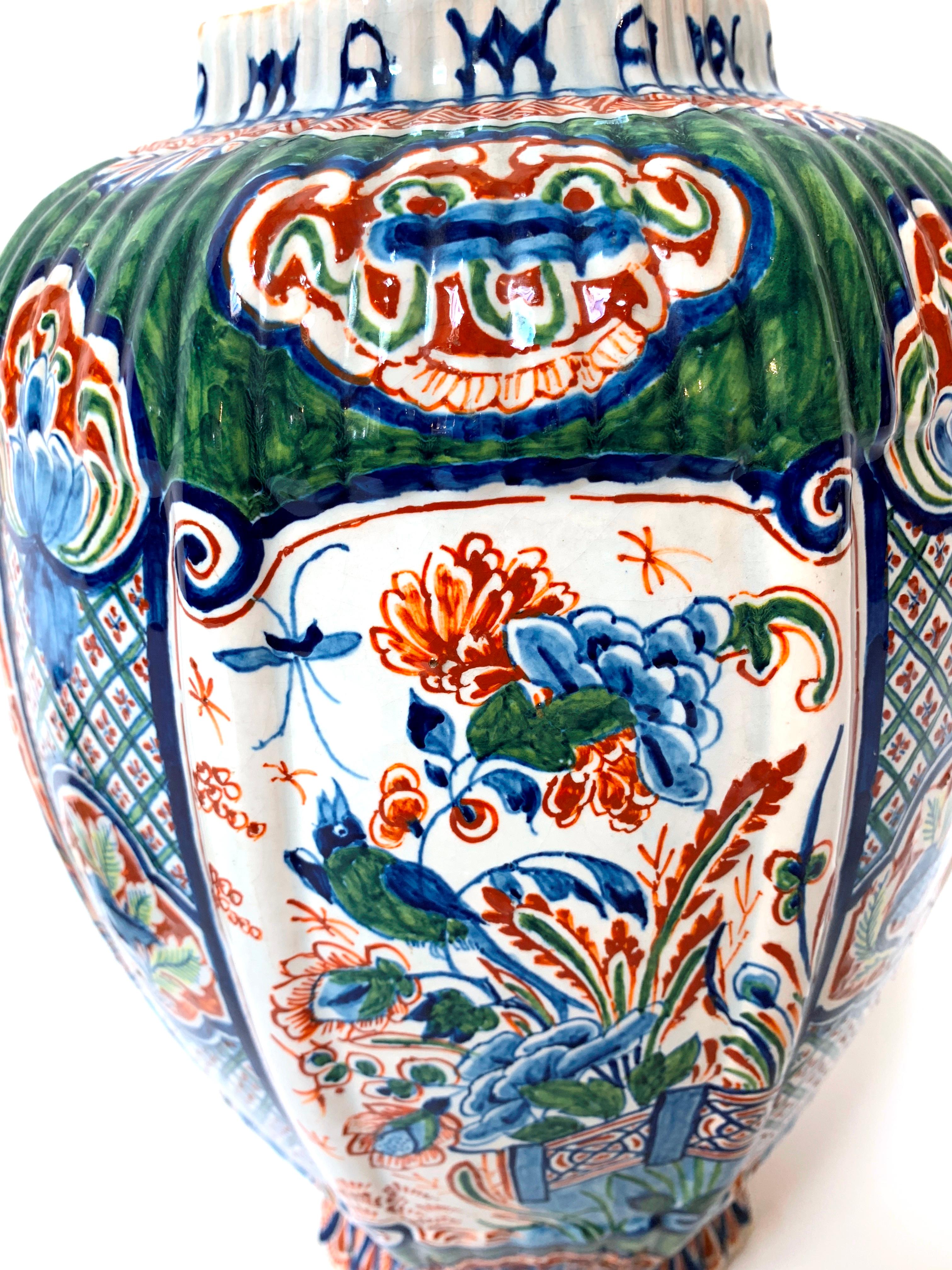 Polychromed 19th Century Delftware Polychrome Enameled Vase and Cover