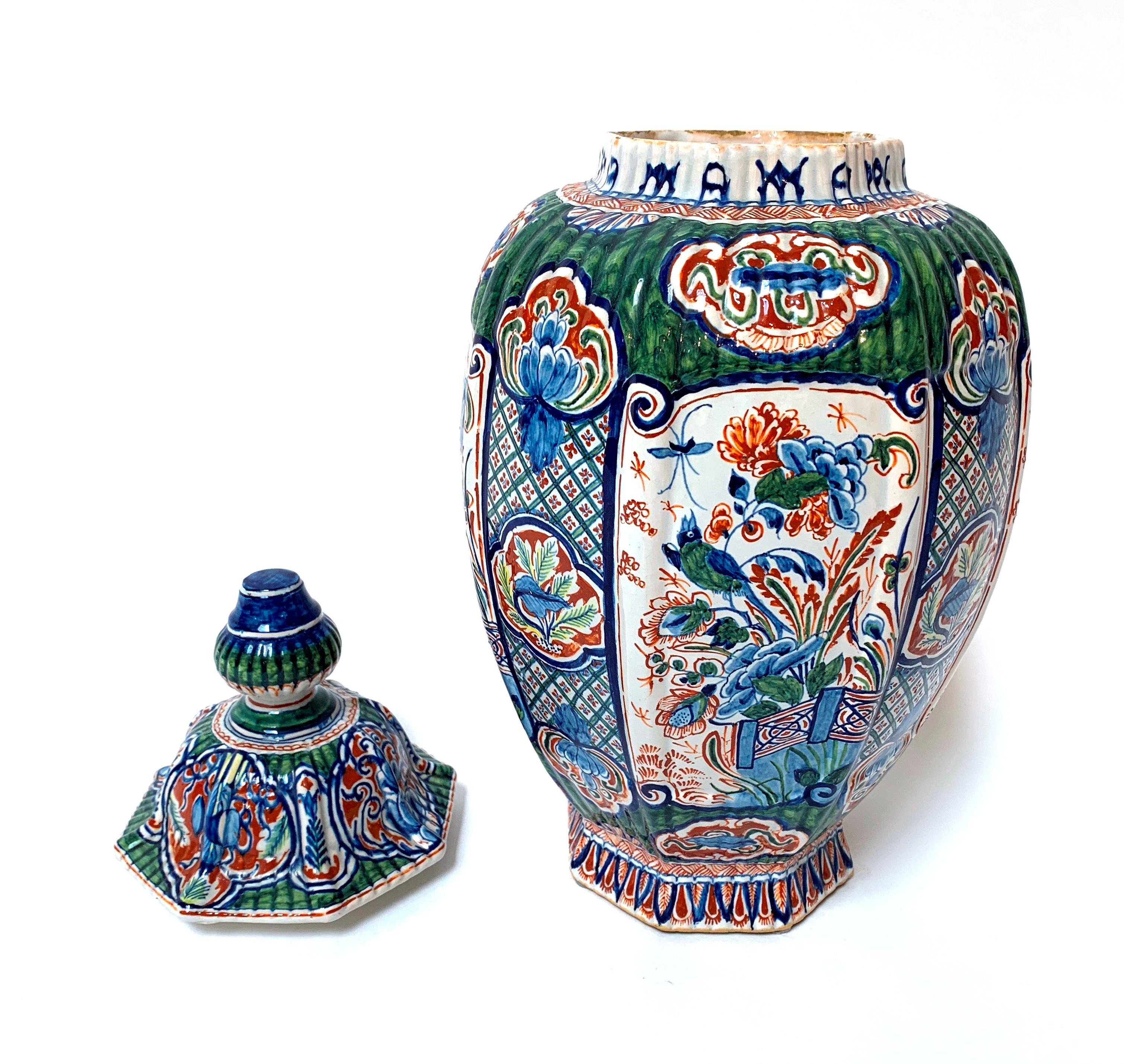 Porcelain 19th Century Delftware Polychrome Enameled Vase and Cover