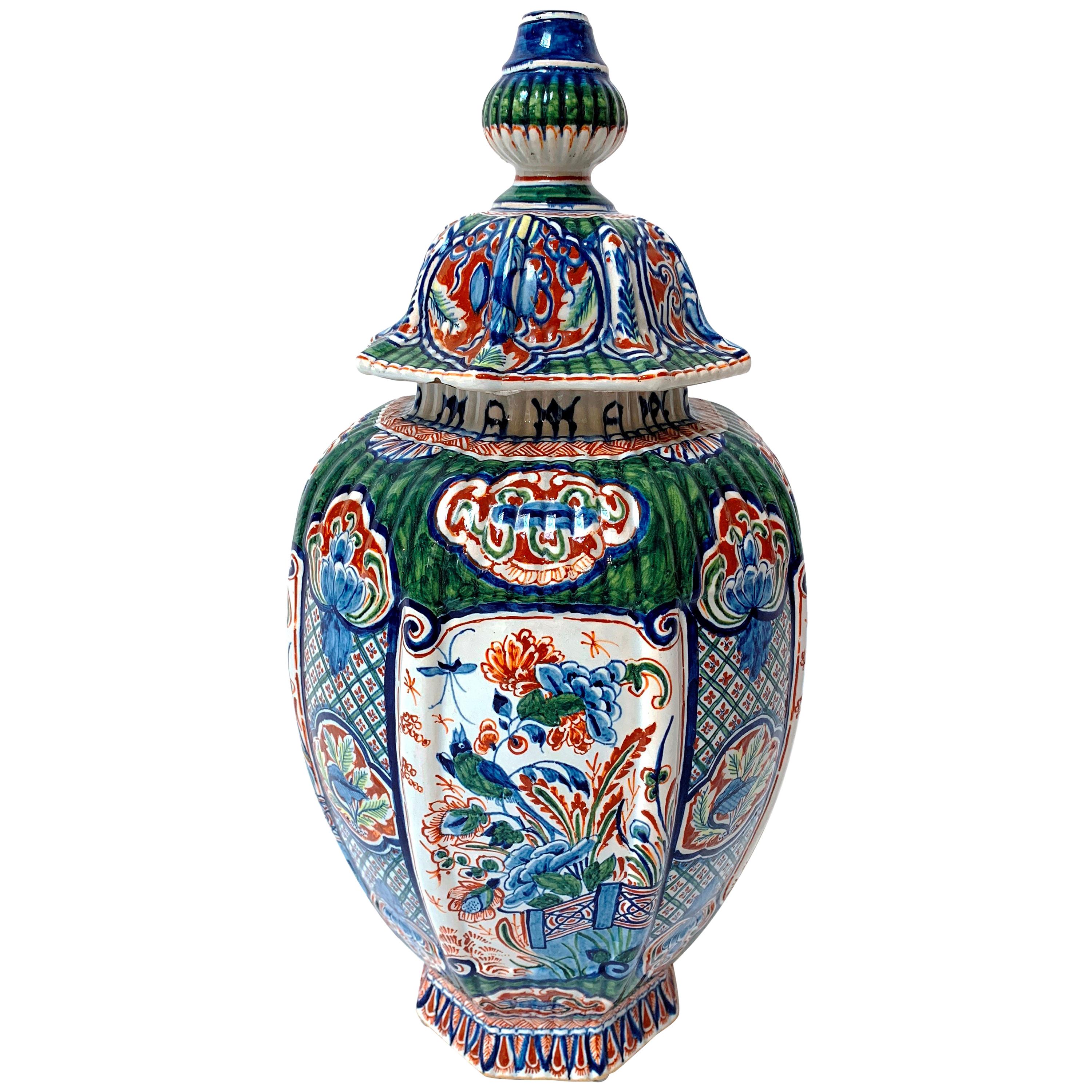 19th Century Delftware Polychrome Enameled Vase and Cover