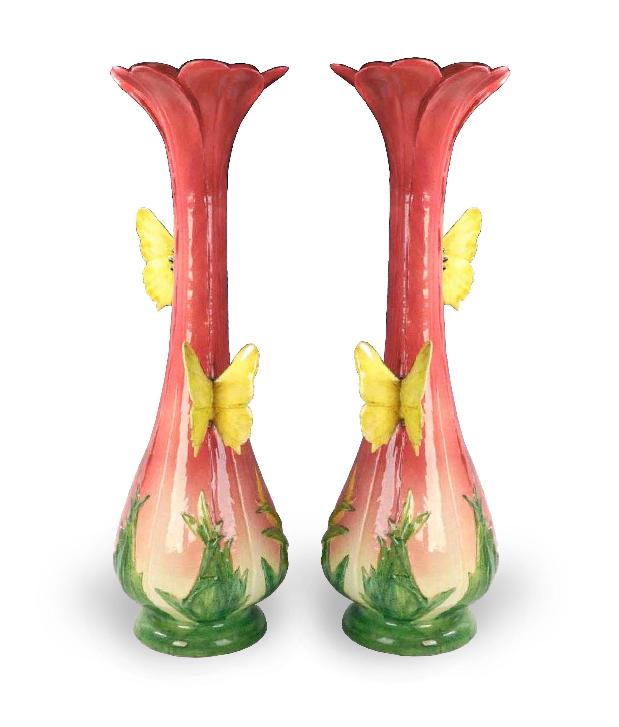 A wonderful pair of large Art Nouveau Delphin Massier Majolica fantasy vases, circa 1880. Measures: Height 28.5