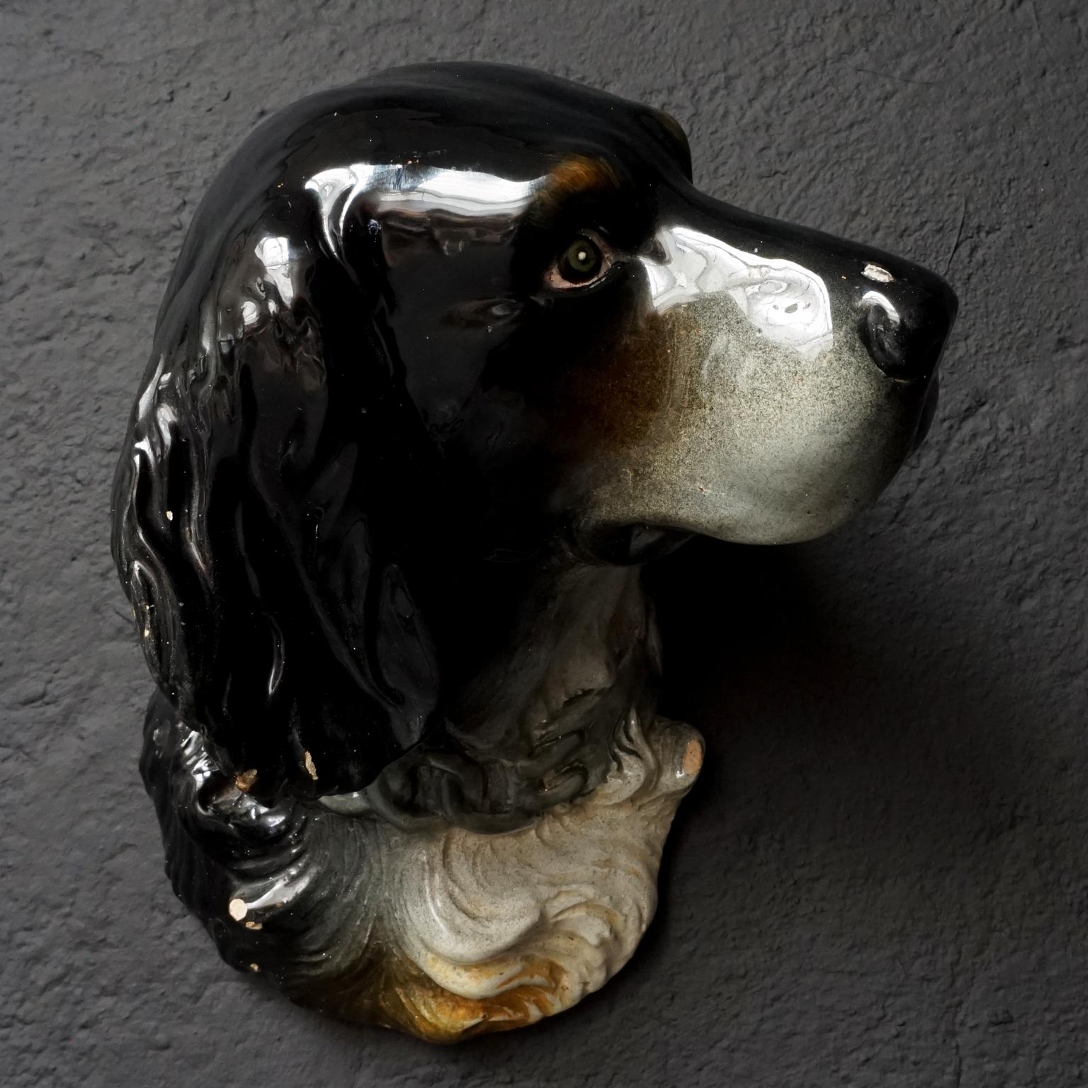 Large original Massier majolica French pottery dog wall pocket with ink signature from the late 19th century.
Signed Delphin Massier Vallauris (AM) 4 on the back.

The Massier family of Vallauris is recognized for three members producing majolica