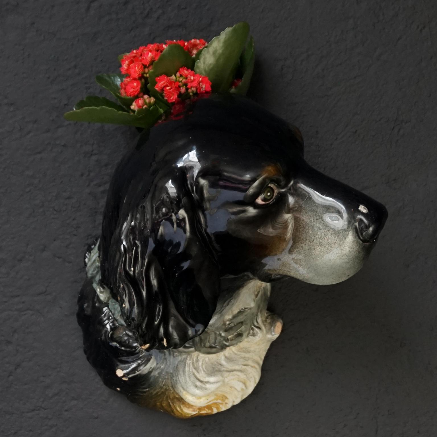 Glazed 19th Century Delphin Massier Vallauris Ceramic Dog Wall Pocket