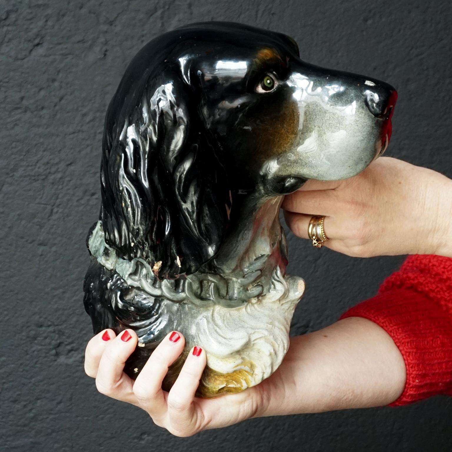 19th Century Delphin Massier Vallauris Ceramic Dog Wall Pocket In Good Condition In Haarlem, NL