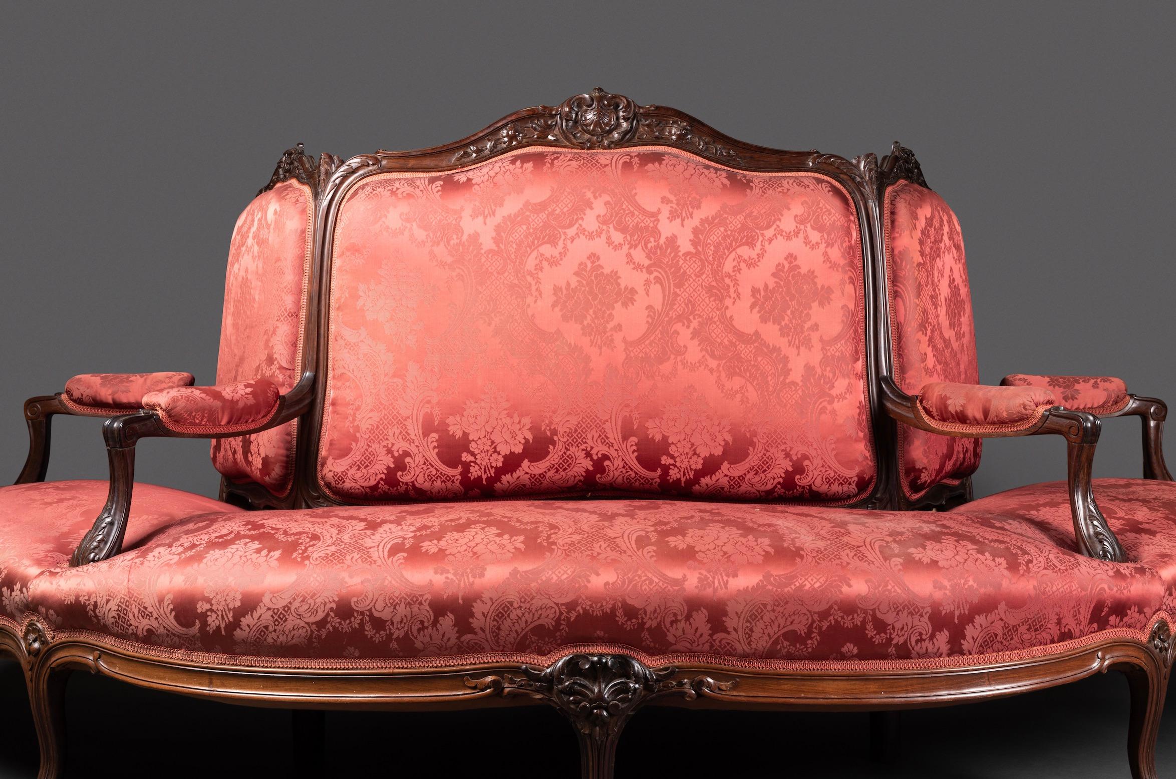 Damask 19th century demi-borne / Half seat in rosewood  For Sale
