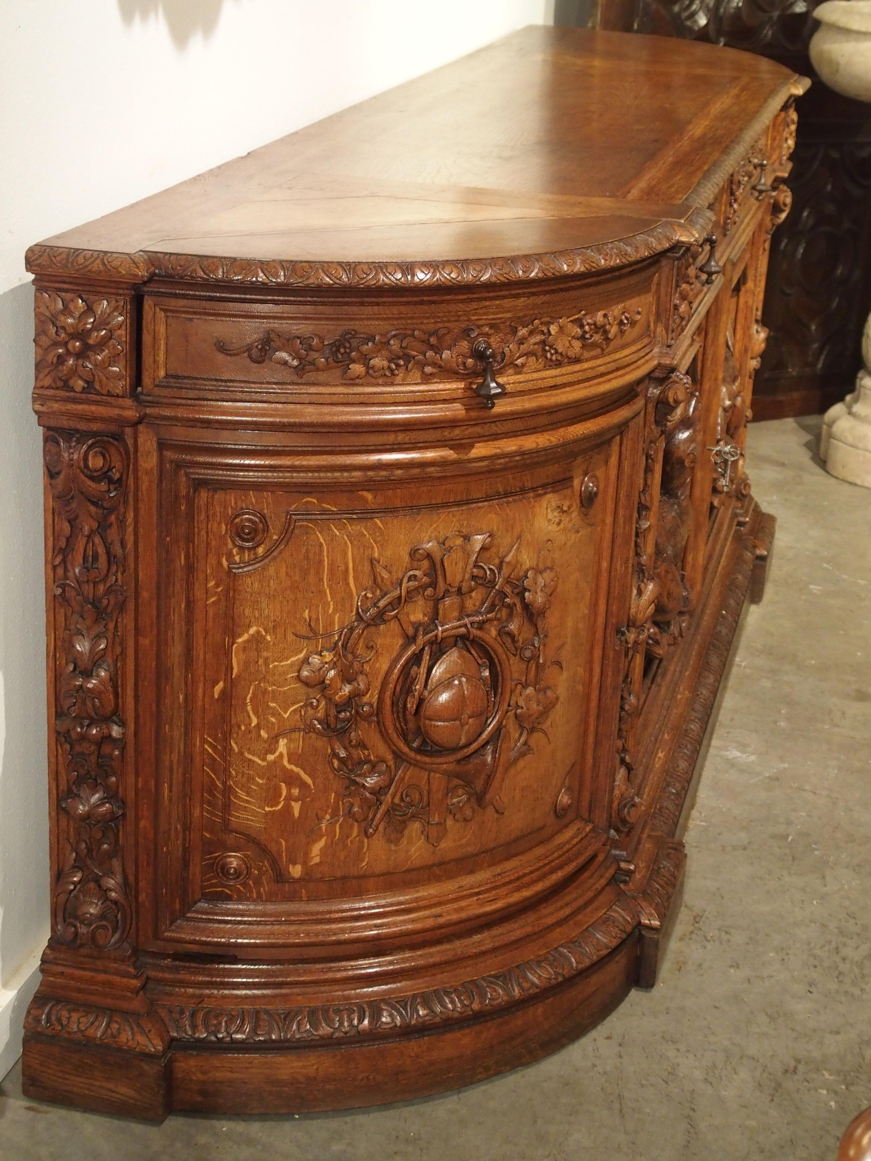 19th Century Demilune French Oak Hunt Buffet with Deep Relief Carvings 7