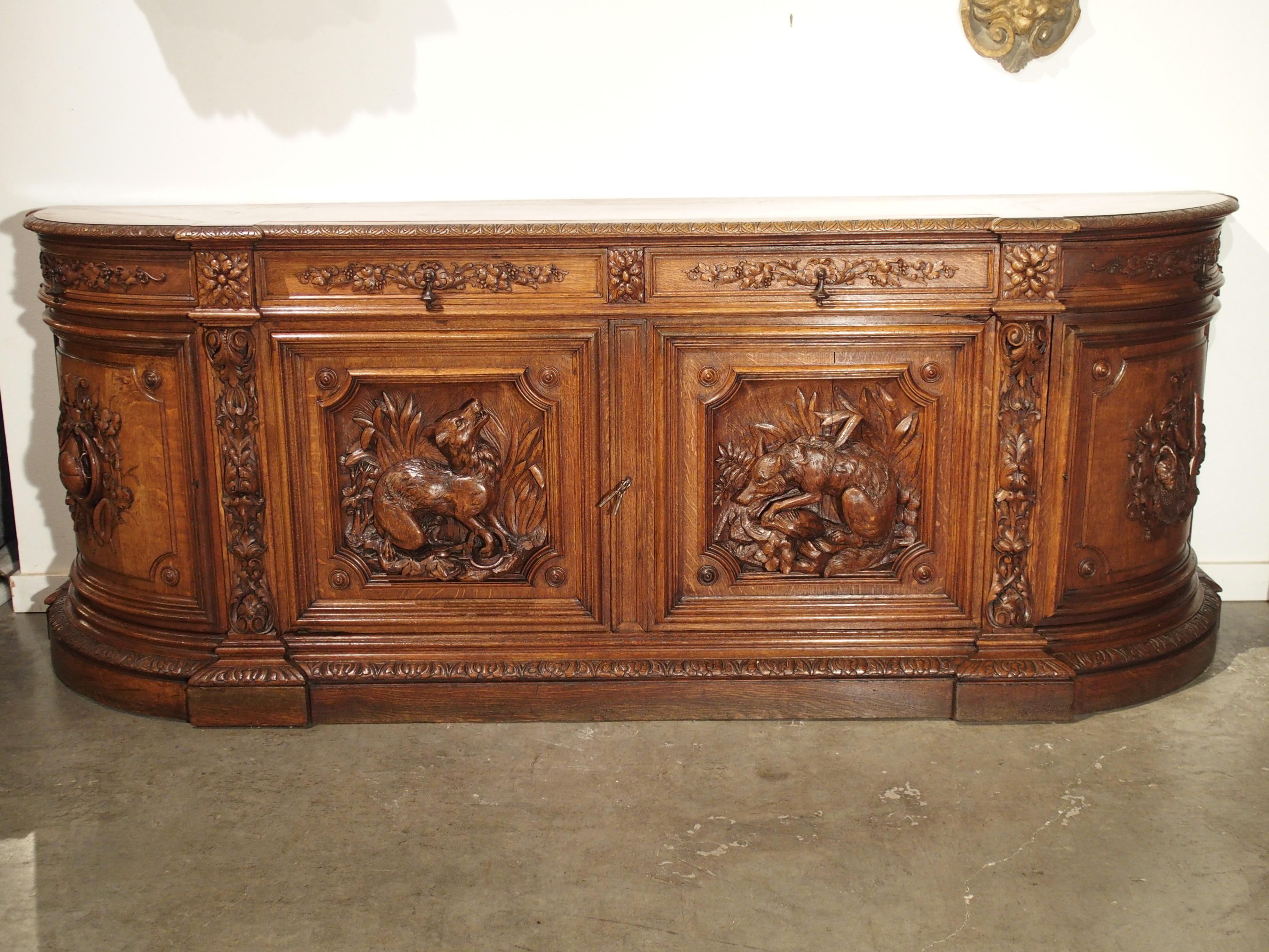 19th Century Demilune French Oak Hunt Buffet with Deep Relief Carvings 15