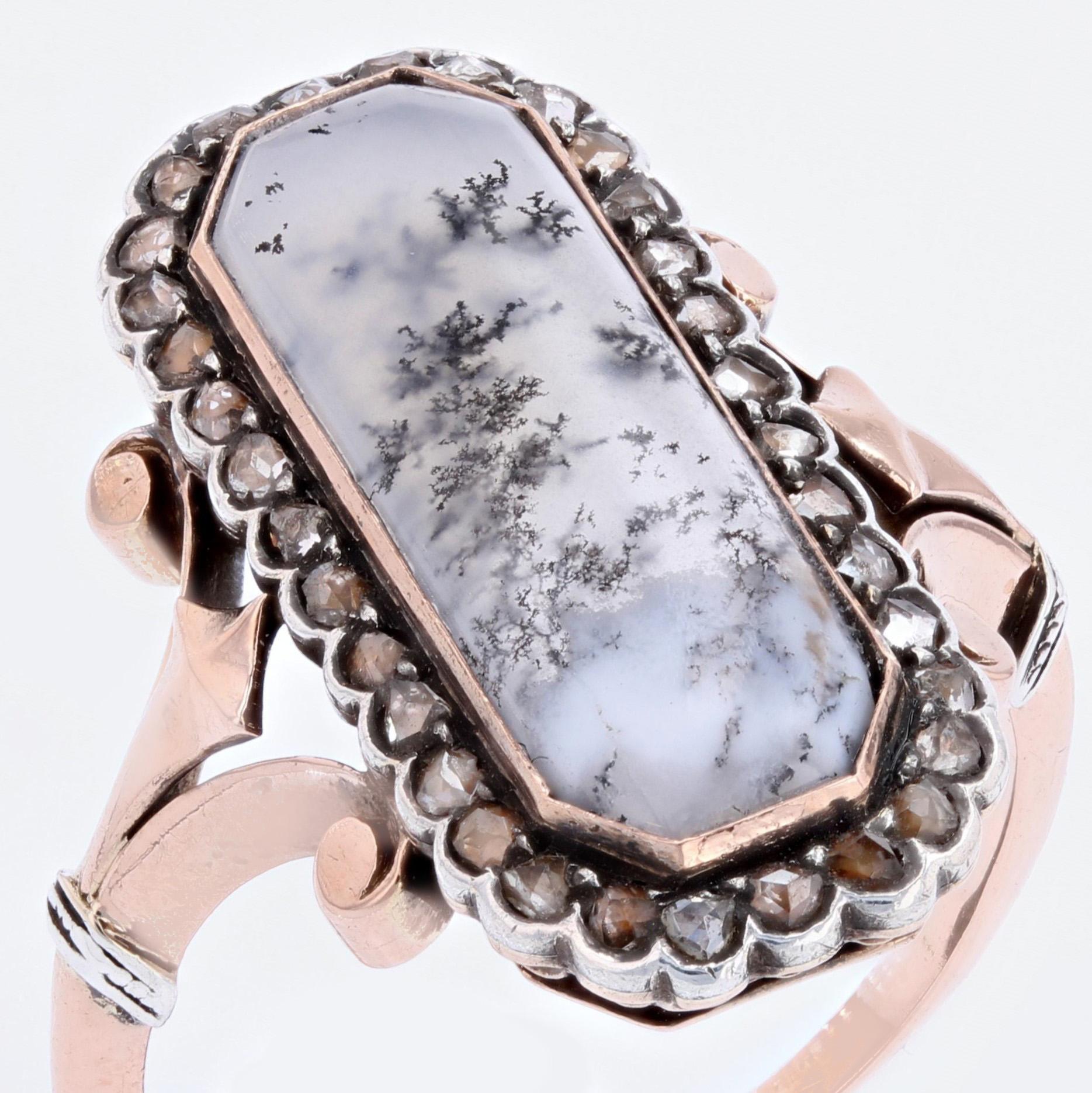 19th Century Dendrite Agate Diamonds 18 Karat Rose Gold Silver Ring For Sale 2
