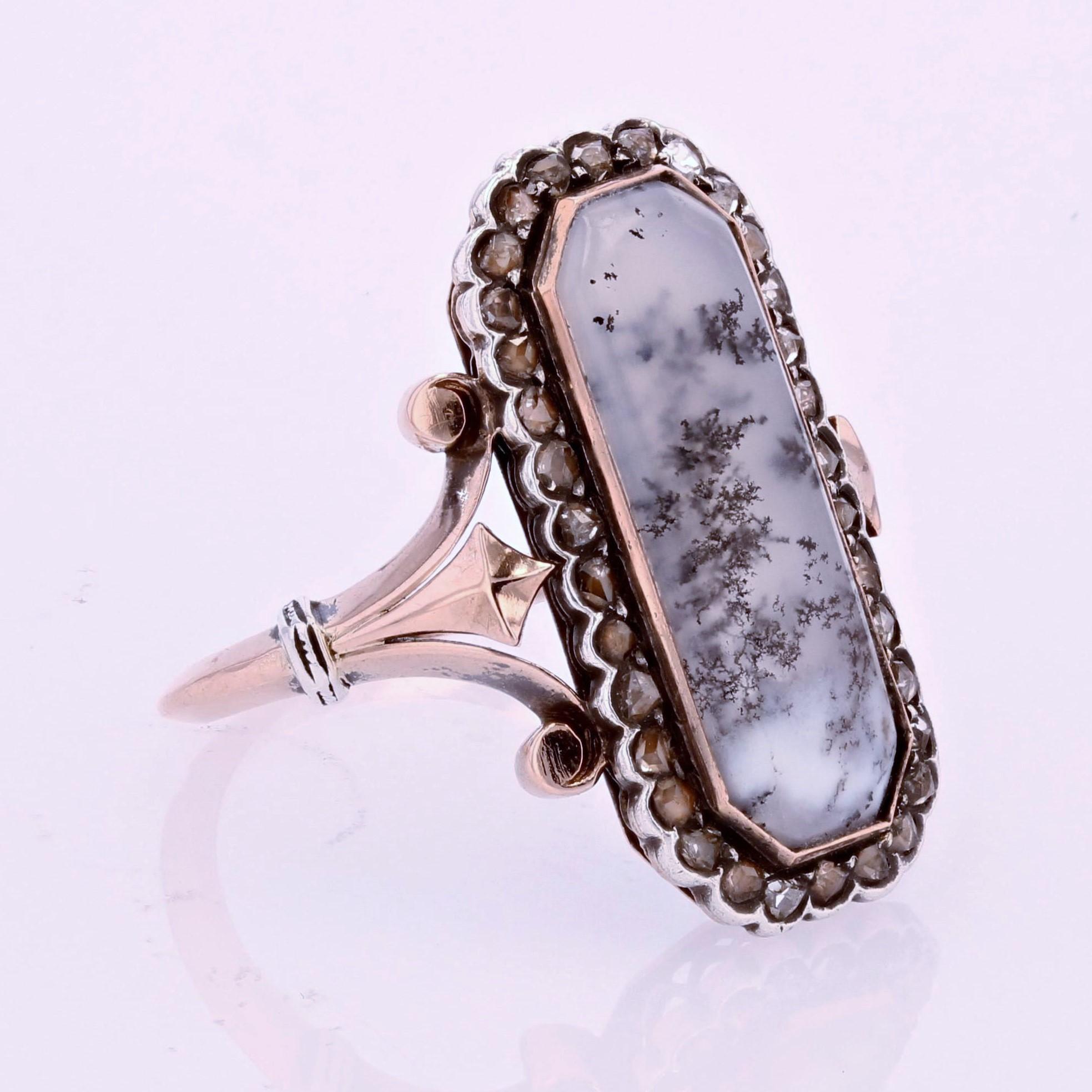 19th Century Dendrite Agate Diamonds 18 Karat Rose Gold Silver Ring For Sale 2