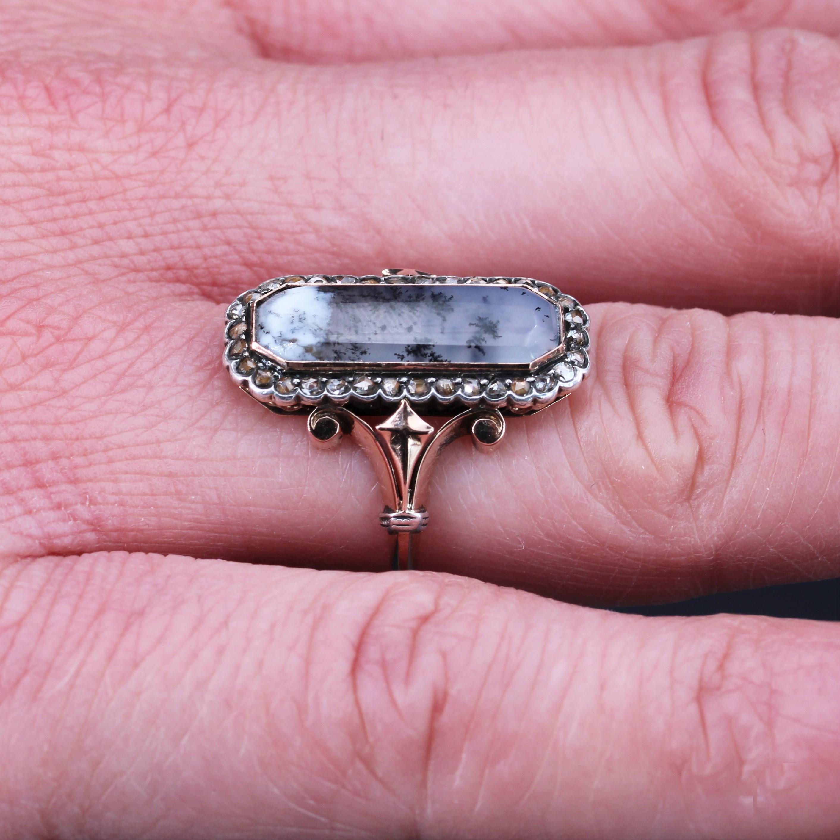 19th Century Dendrite Agate Diamonds 18 Karat Rose Gold Silver Ring For Sale 5