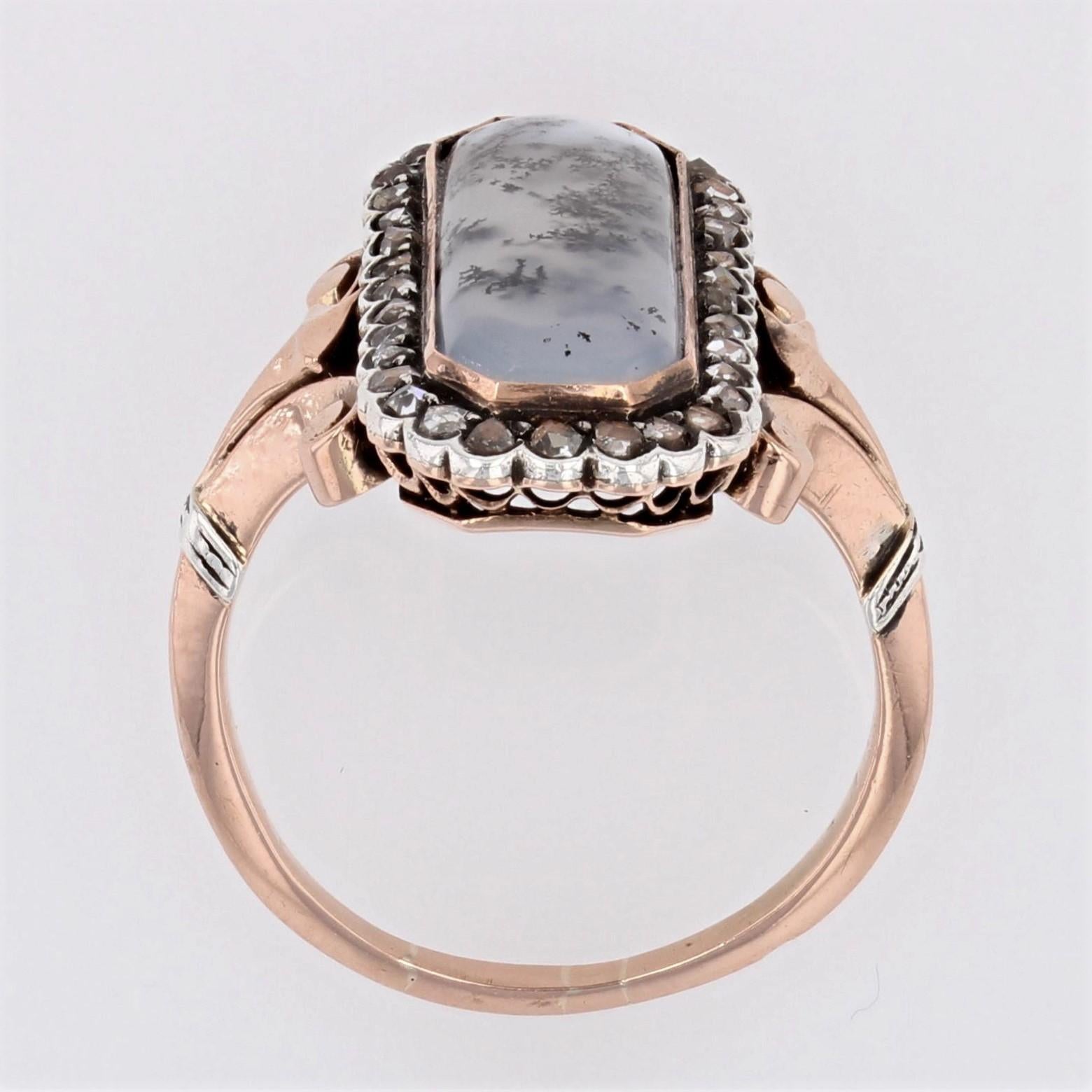 19th Century Dendrite Agate Diamonds 18 Karat Rose Gold Silver Ring For Sale 6